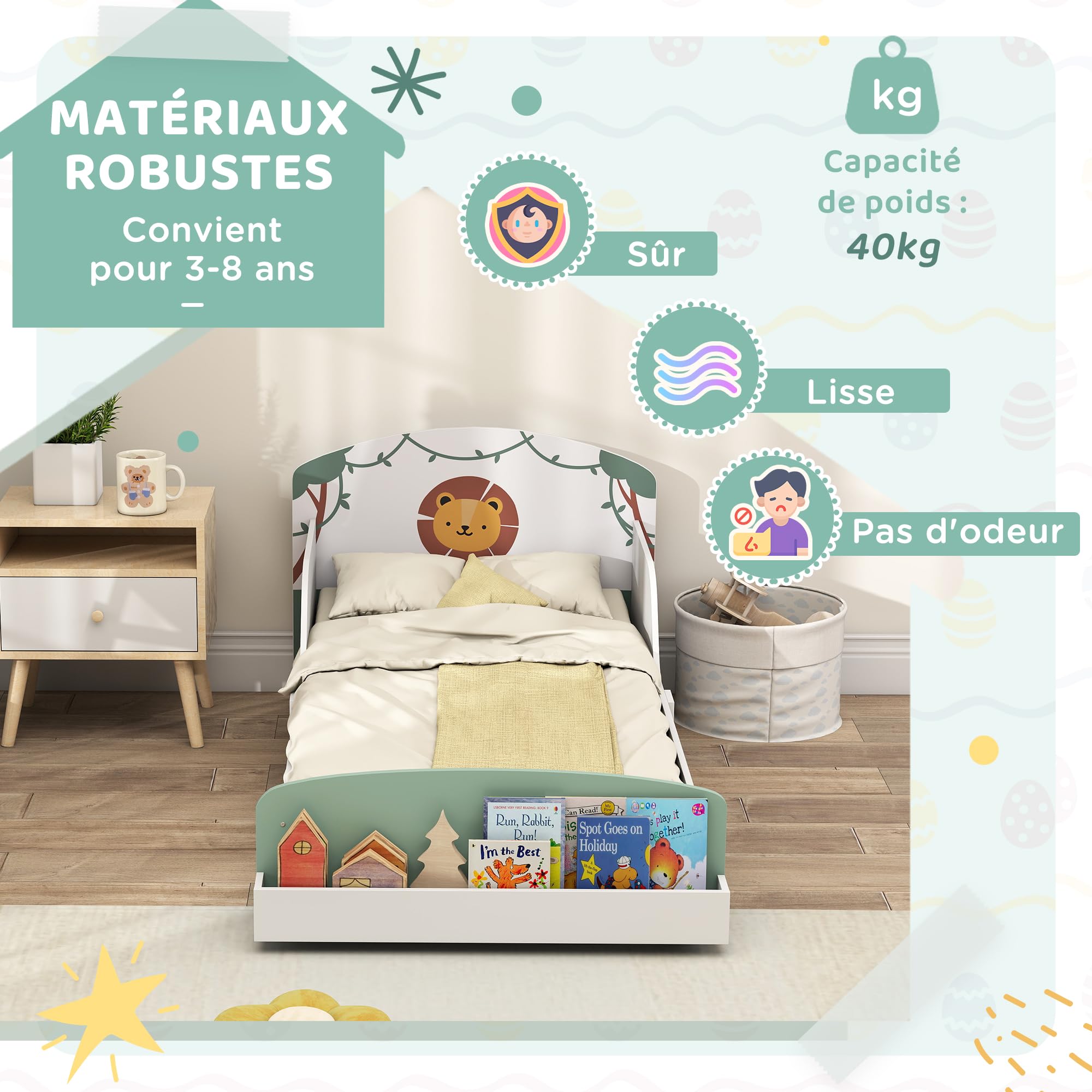 AIYAPLAY Lit Enfant 70x140cm, Lit pour Enfant avec Barrière de Sécurité et Sommier à Lattes en Bois, Espace de Rangement, Motif de Lion, pour Garçons et Filles de 3 à 8 Ans, Vert (Matelas Non Inclus)