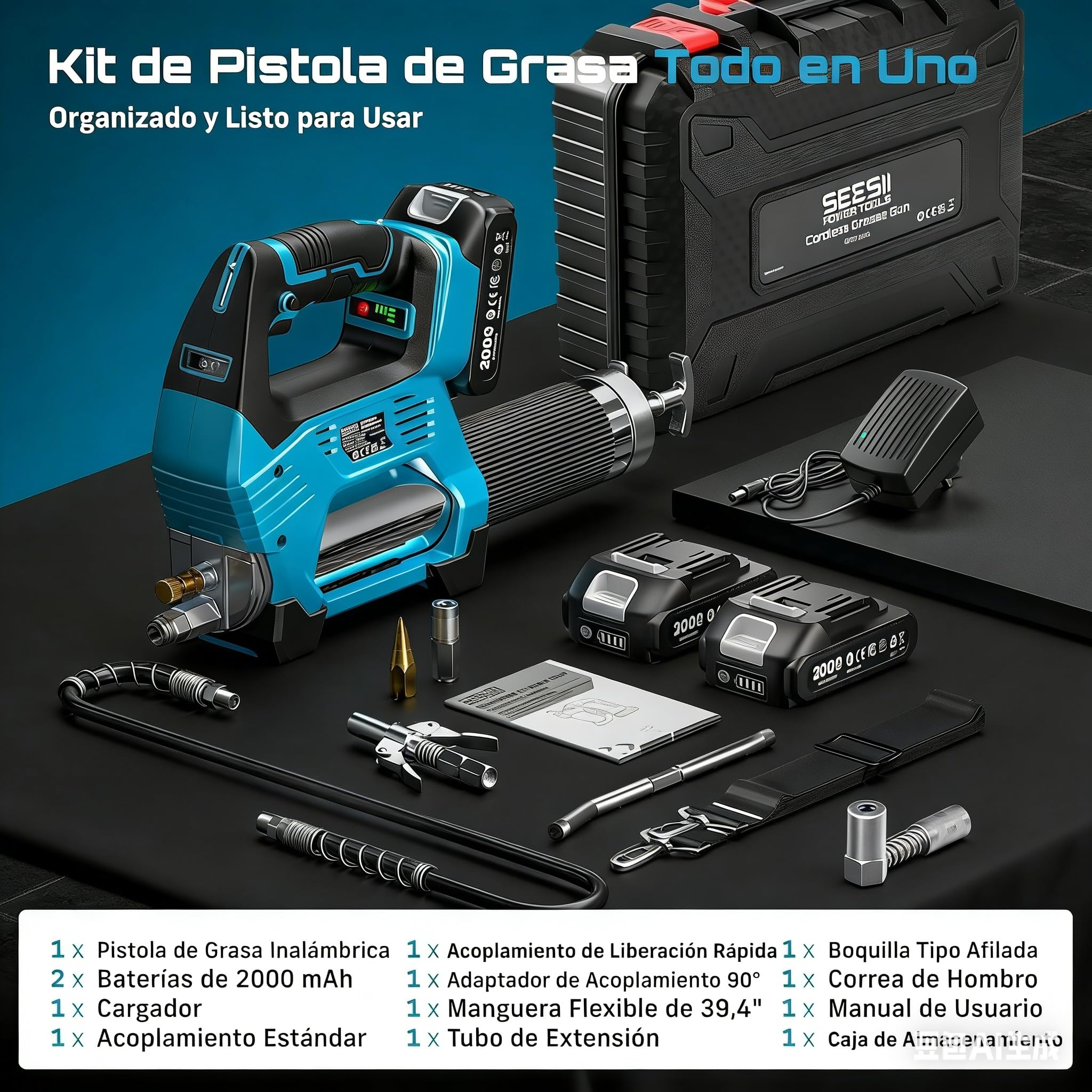 Seesii 12.000 PSI Engrasadora Batería con 2 Baterías (y Compatible con la batería Makita de 18 V), 3 Velocidades, Motor Brushless, Manguera de 1m, Acoplador de 90° y Luz LED para Equipos Pesados