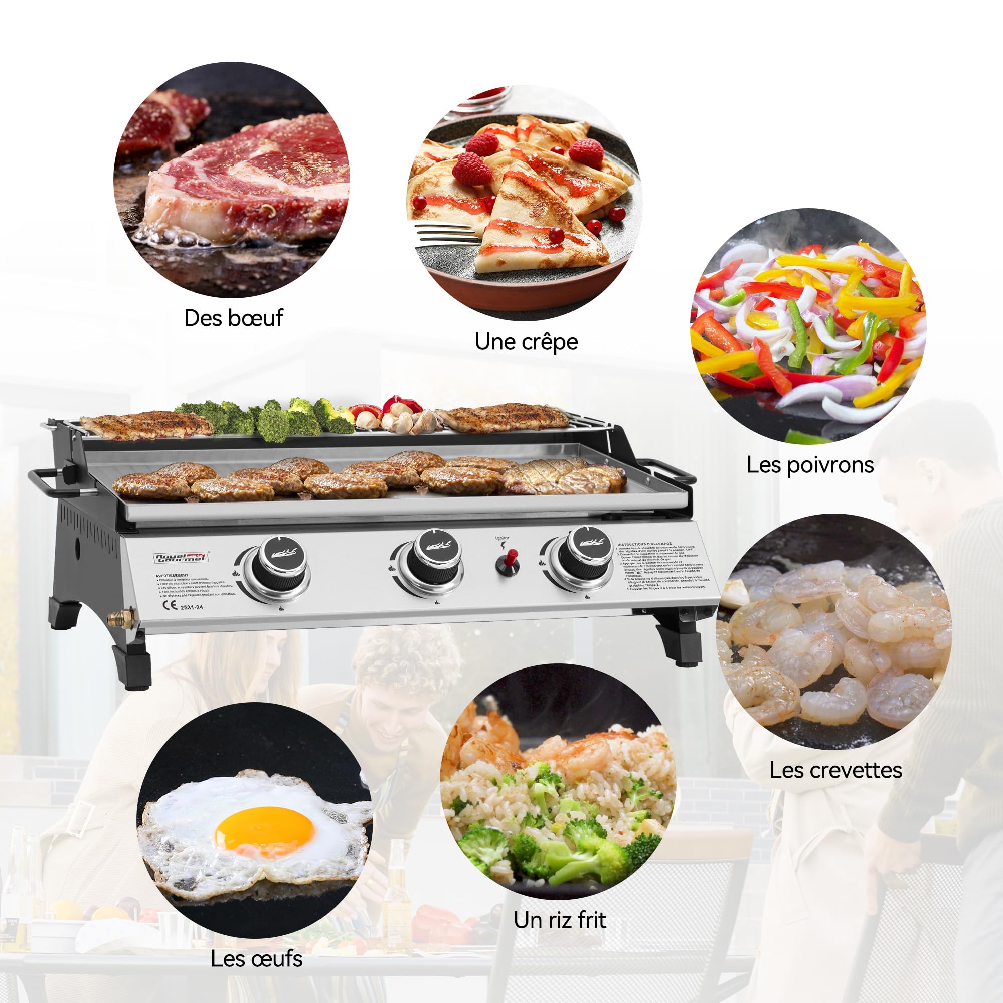 Royal Gourmet Plancha Gaz Propane en Acier Inoxydable, 3 Brûleurs Puissance 7.5kW, Surface Cuisson 61,5 x 32cm avec Grille de Réchauffage, Adapté pour Le Camping et l' Extérieur, Argent