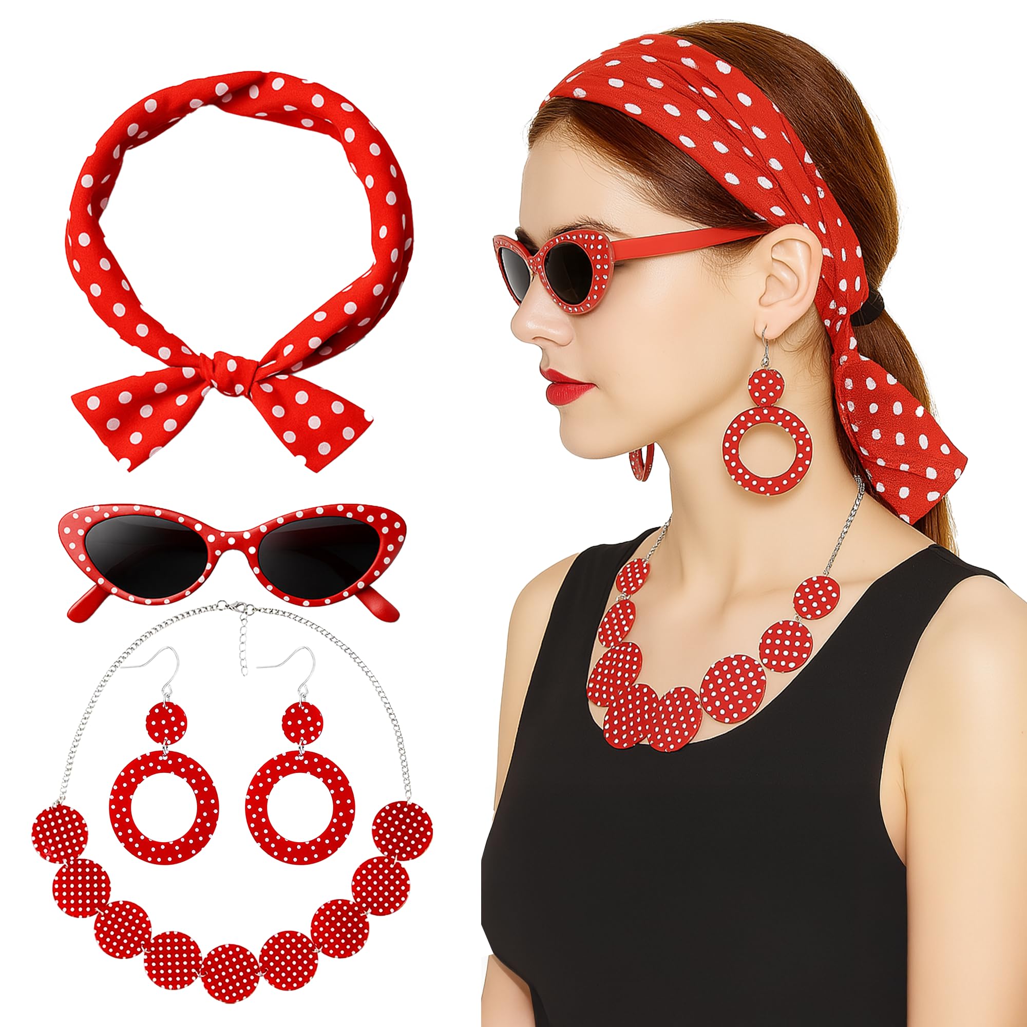 5 Pcs Womens 50s Costume Set, Ladies Grease 1950s Fancy Dress Kit, Cat Eye Glasses, Red & White Polka Dot Bandana Tie Headband & Necklace With Earrings Sets For Retro Parties