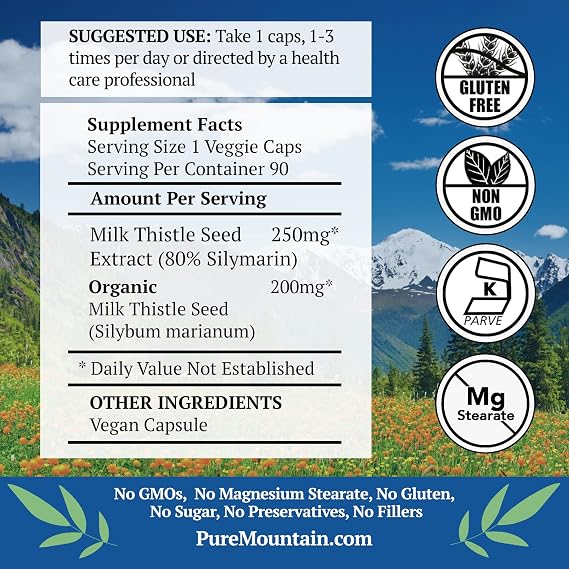 Pure Mountain Botanicals Milk Thistle Supplement - 90 Kosher Vegan Capsules - Organic Milk Thistle and 80% Silymarin Extract - 450mg Liver Health Support - Herbal
