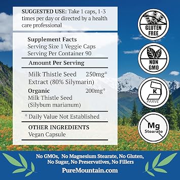 Pure Mountain Botanicals Milk Thistle Supplement - 90 Kosher Vegan Capsules - Organic Milk Thistle and 80% Silymarin Extract - 450mg Liver Health Support - Herbal