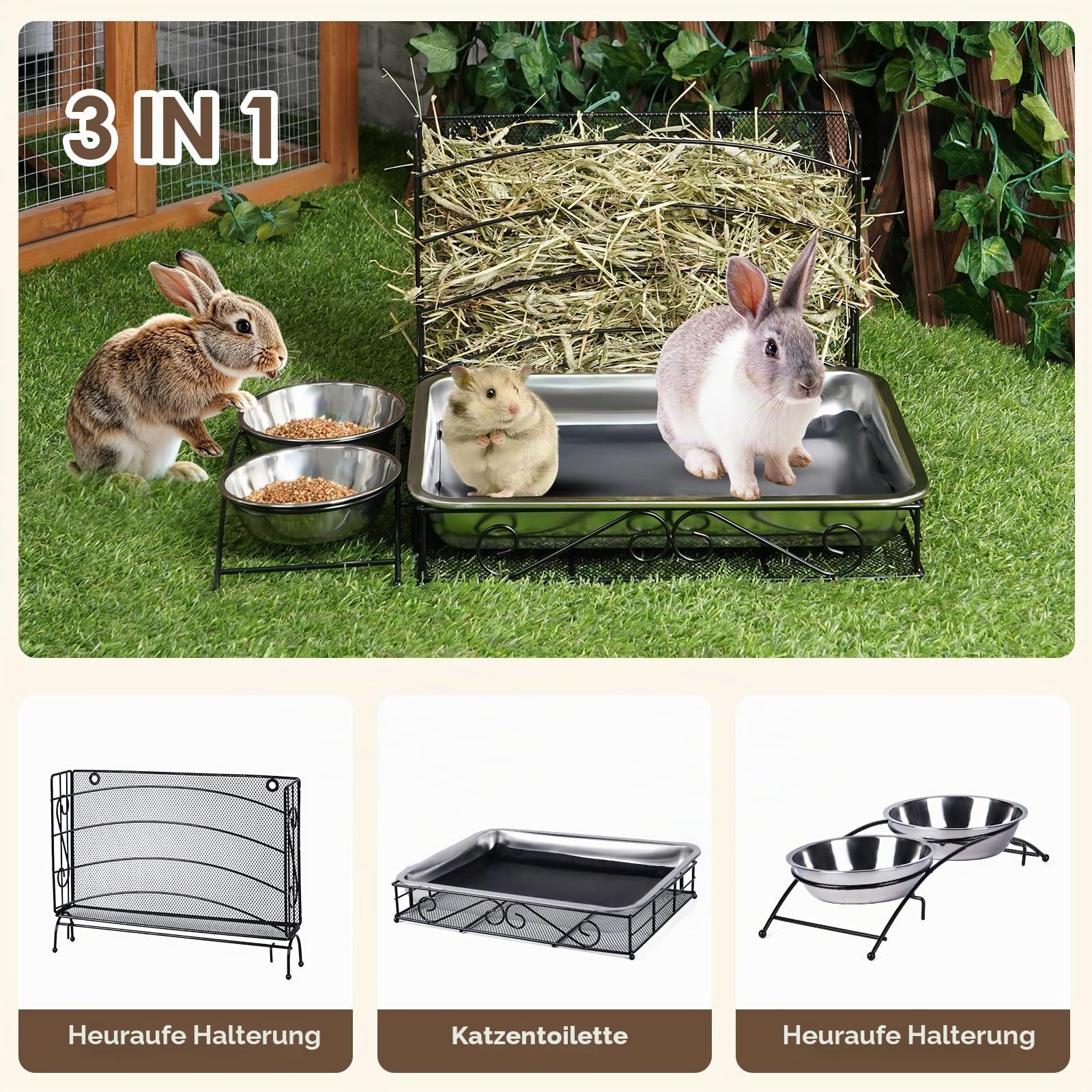 3 in 1 Kaninchen Heu Futterstation mit Edelstahl Katzentoilette und 2 Stucks Futternäpfe für Haustiere Heuraufe für Kleine Haustiere Kaninchen Hamster Meerschweinchen