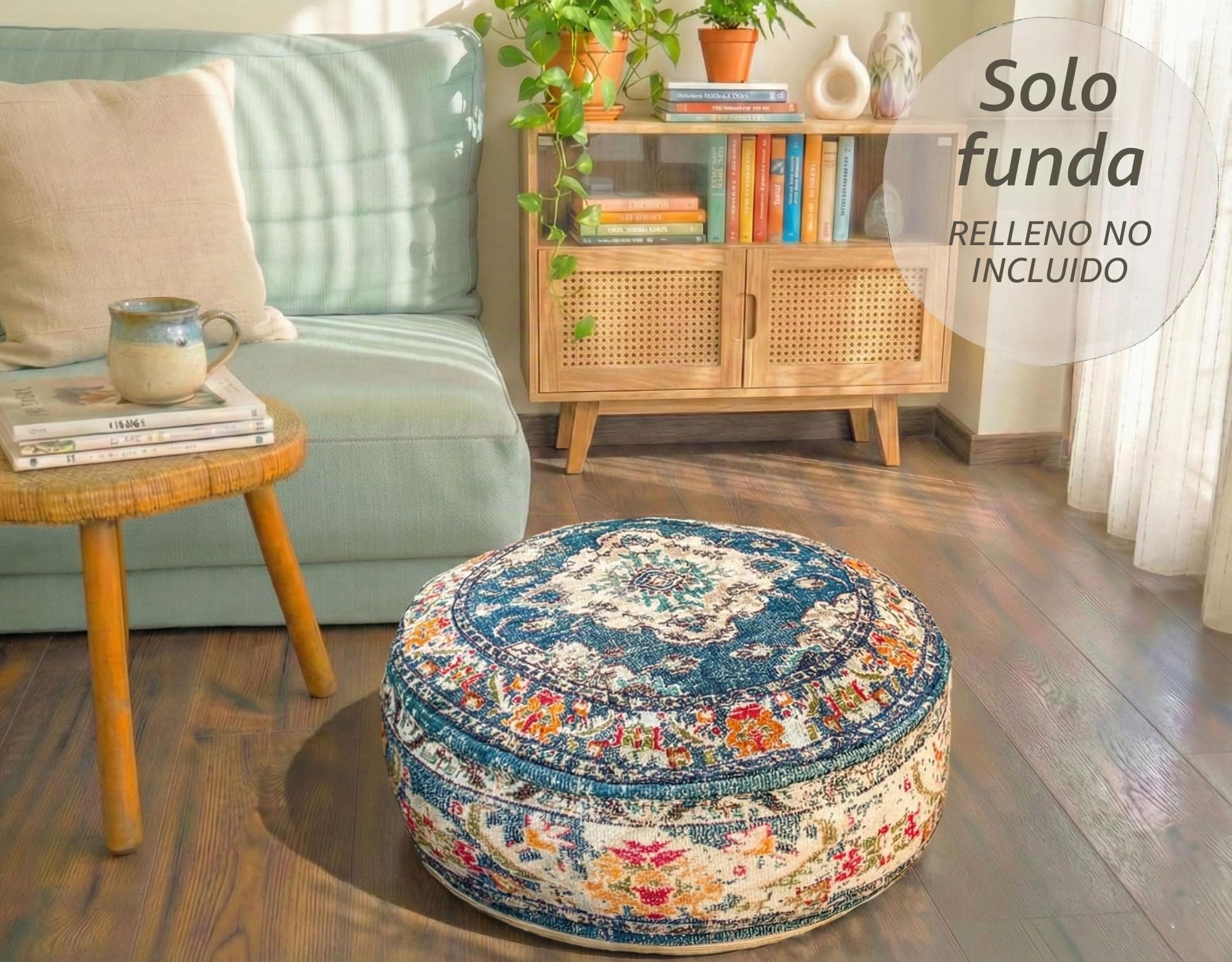 Mandala Life ART Cojín de Piso Bohemian Rug - Solo FundaRedonda 60x20 cm - Puf de decoración de habitación Artesanal de Lujo para meditación, Yoga y Boho Chic Funda de Almohada de Piso para Asientos