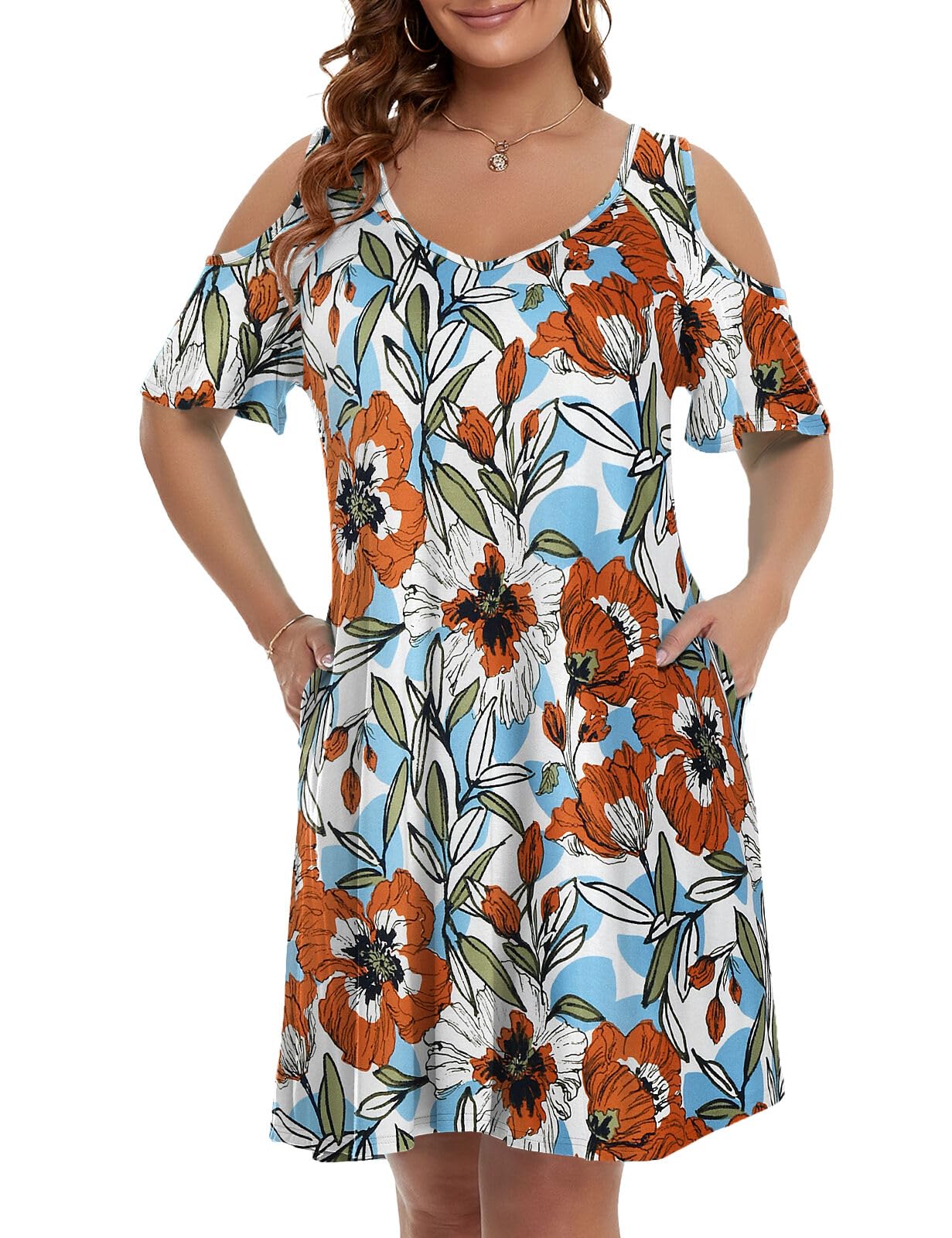 JollieLovin Womens Plus Size Short Sleeve Cold Shoulder V Neck T-Shirt Dress with Pockets
