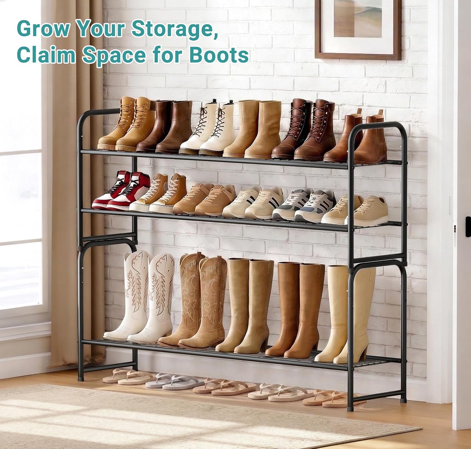 AOODA Long 2 Tier Shoe Rack for Closet Metal Wide Stackable Shoe Storage Organizer for Entryway, Bedroom, Floor, 18-Pairs Low Shoe Shelf, Black