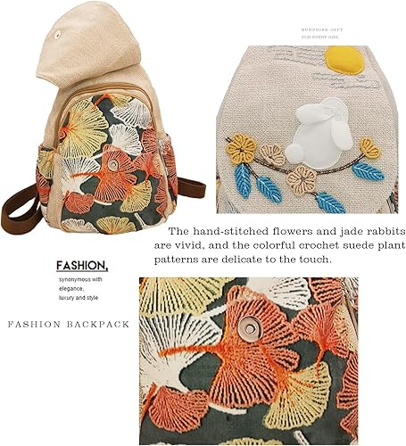 Miniatura 6 de HUANGGUOSHU Mochila de lona bohemia tejida de algodón para mujer, con múltiples bolsillos, estilo retro, linda mochila tipo cartera, Yutu Luna