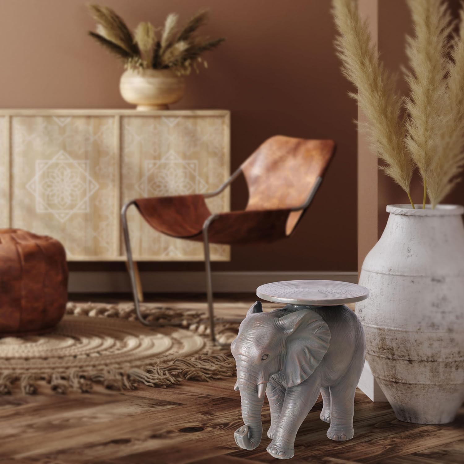 WHW Whole House Worlds Elephant Side Table, Handcast Resin, Grey-Brown, Round Top, 20 Inches
