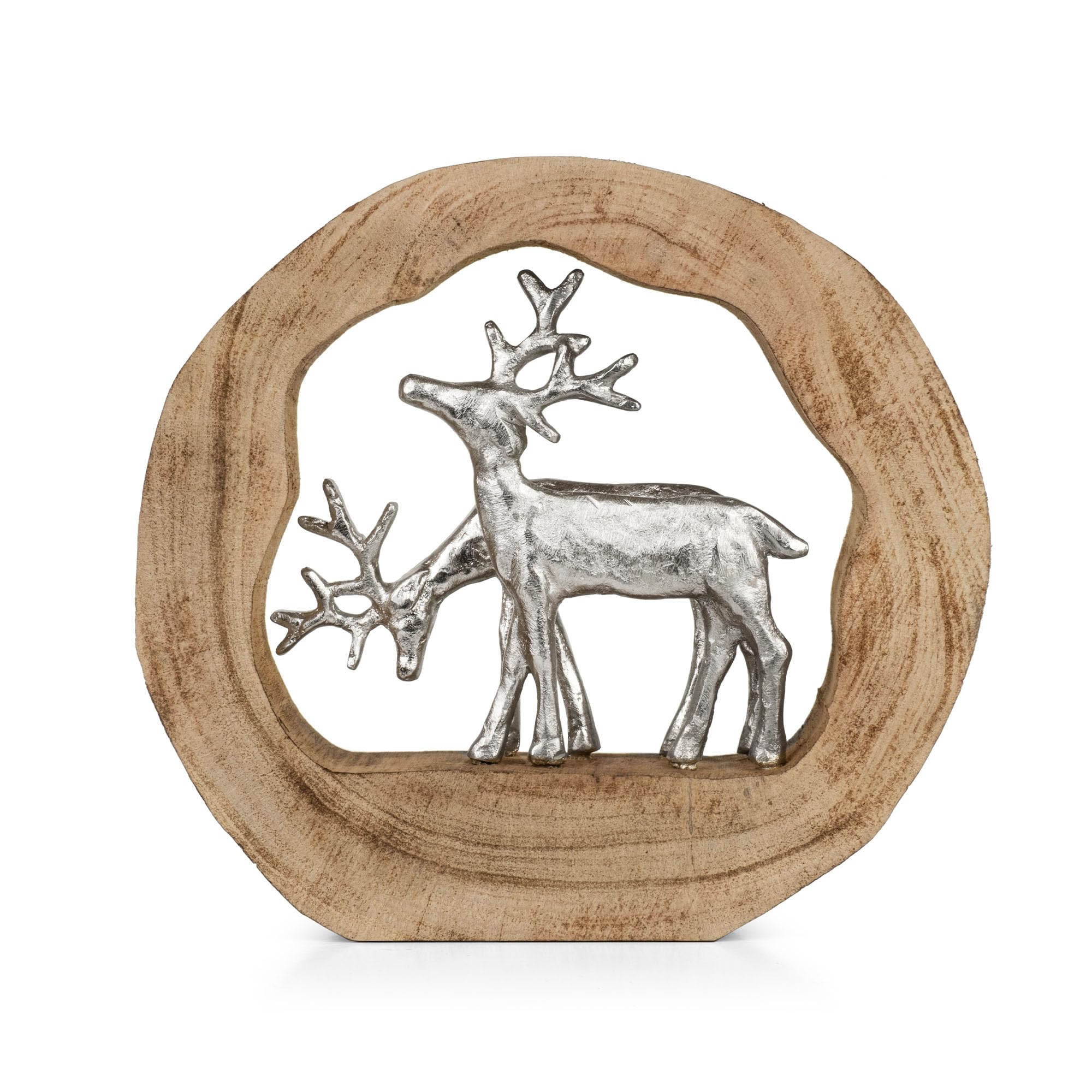 Moritz Dekofigur Rentiere im Holzring aus Mangoholz und Aluminium 27,5 cm Moderne Holzskulptur mit Zwei Rentieren für Tisch Kommode oder Fensterbank Handarbeit Unikat im natürlichen Design