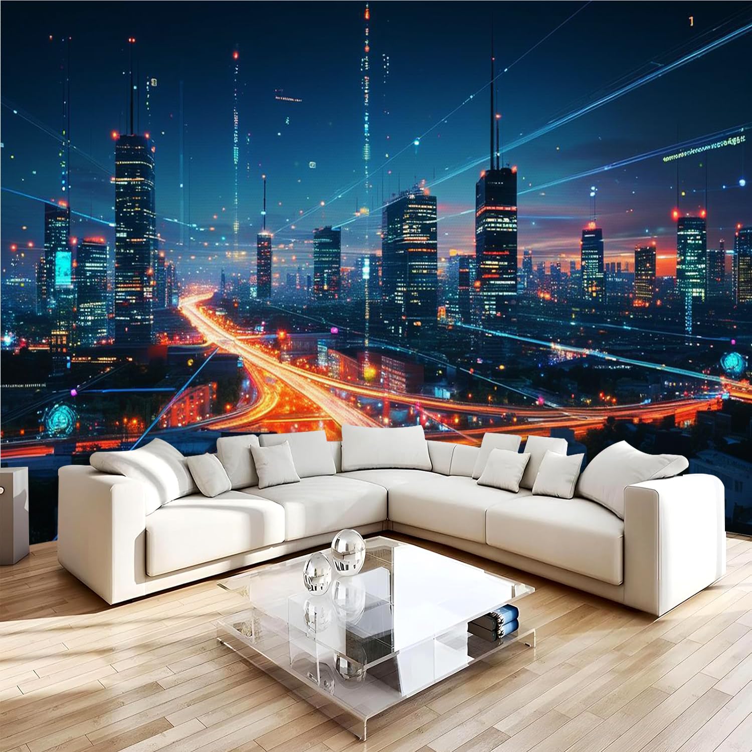 Carta da parati effetto 3D Città Moderna 366x 254 cm Murale Non Tessuto Vista Notturna Fotomurale Stampa HD Moderna Poster Per Soggiorno E Camera Da Letto Design 2M1000