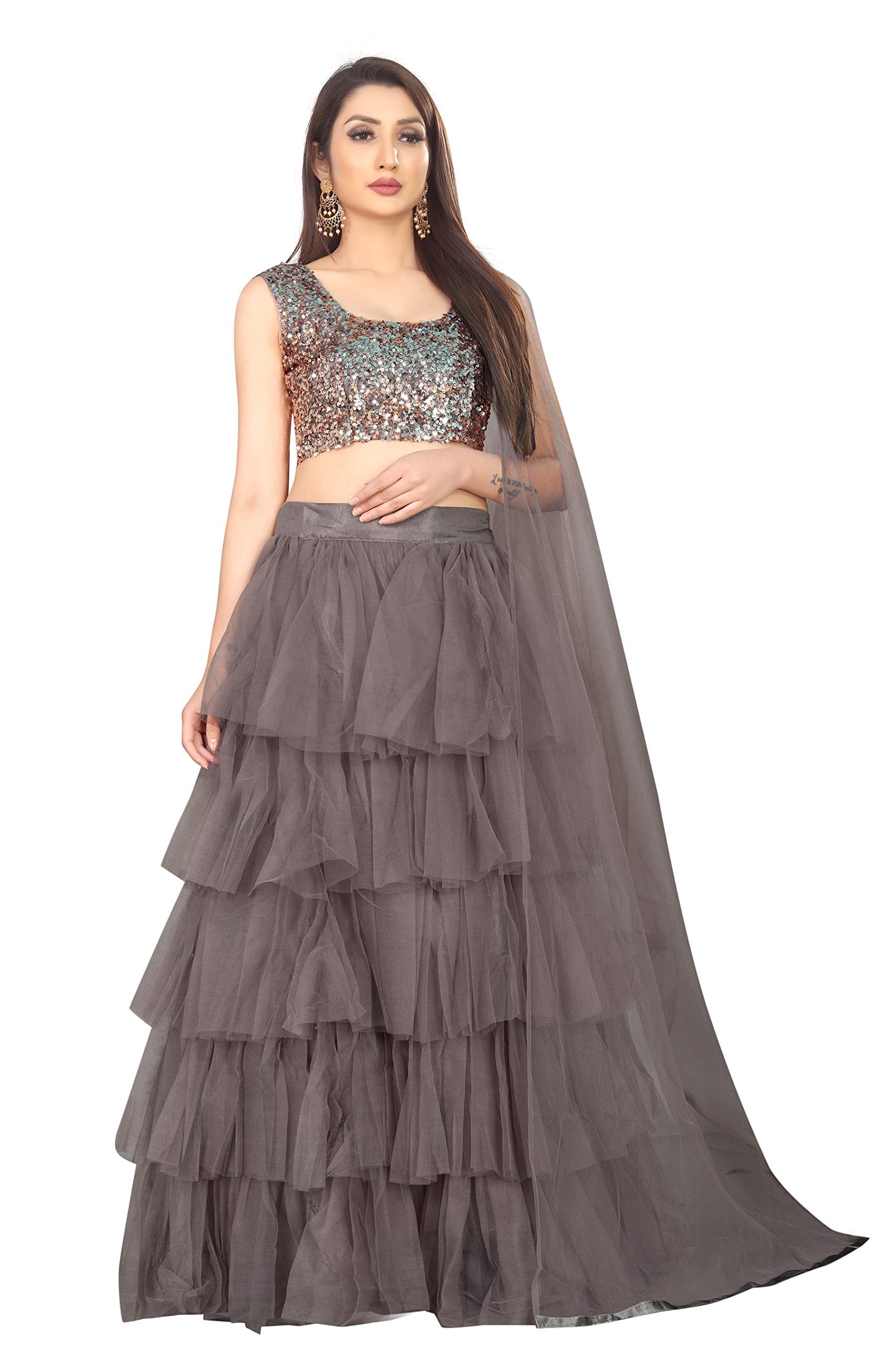 ArvikaWomen Net Semi stitched Lehenga Choli (ATL1098_Brown_Free Size)