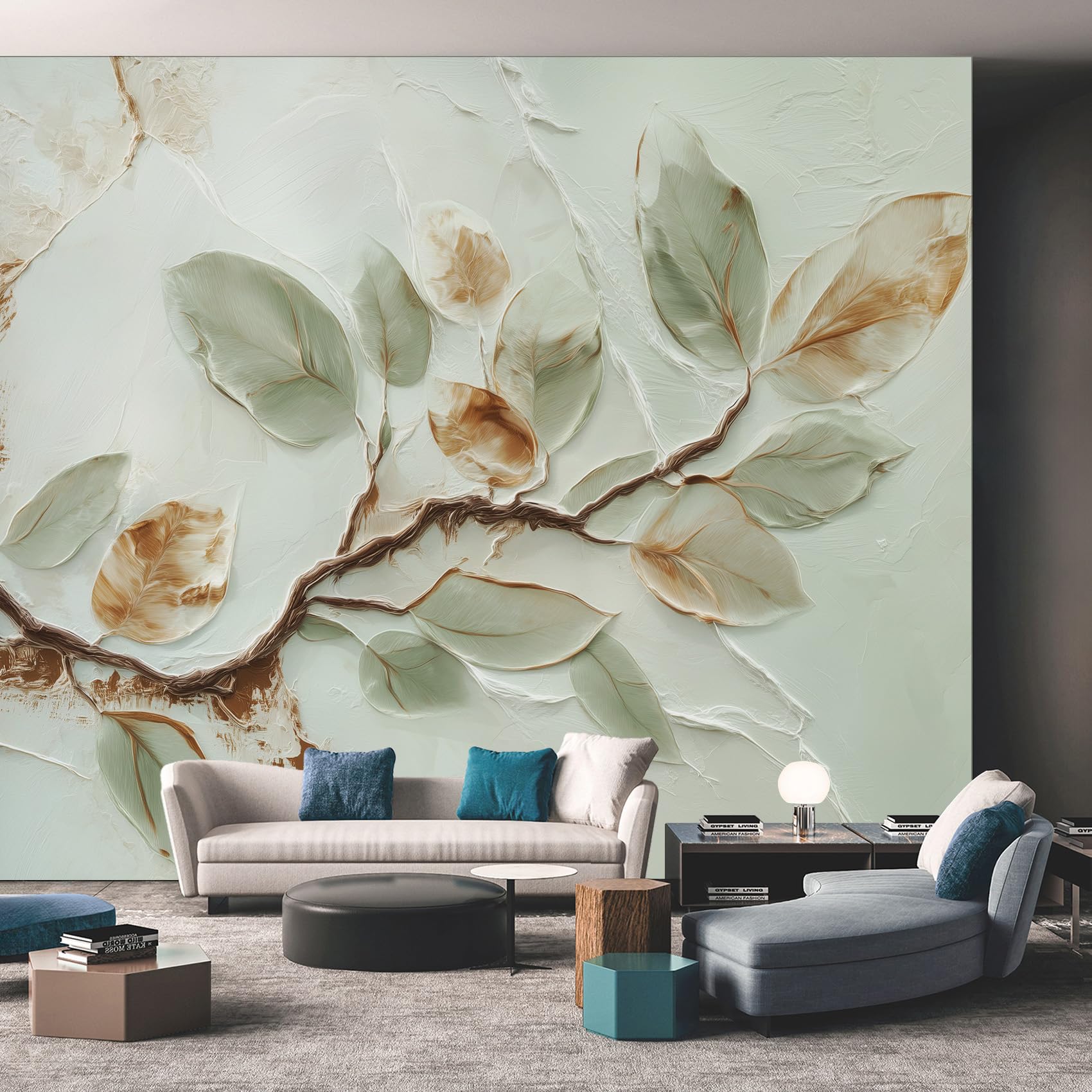 Leaf Branch Mural Wallpaper, Modern Abstract Leaves Wallpaper for Bedroom, Living Room, TV Backdrop, Office, 3D Large Wall Mural Non-Woven Wall Paper 450 x 315 cm (WxH) BVHYU112