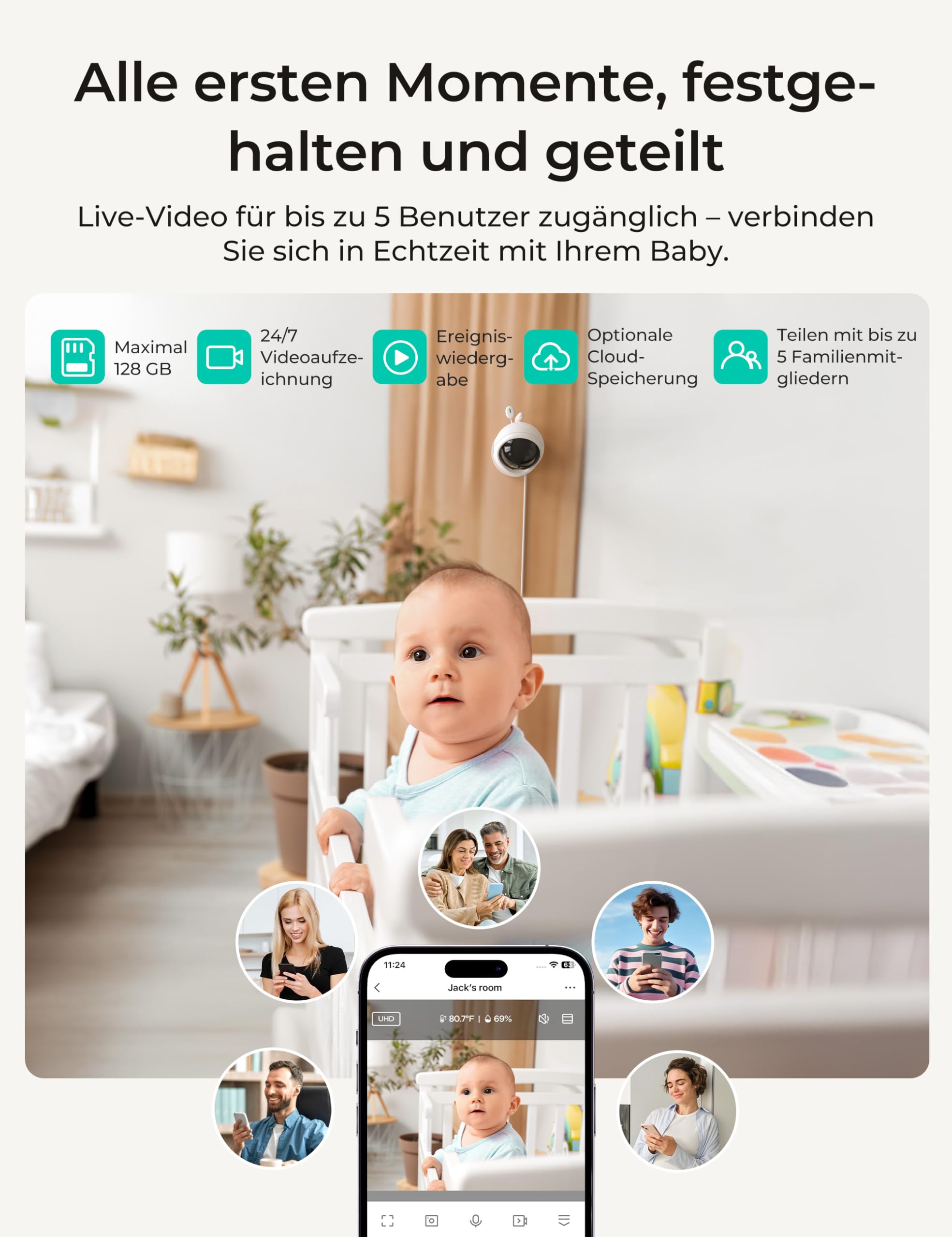 Dr.Care VistaView Lite RB Smart WLAN Babyphone mit Kamera - 4" 720P Split-Screen, 1080P Kamera, App-Steuerung, Nachtsicht, 2500mAh Herausnehmbare Batterie, 2-Wege-Audio, Bewegungsalarme
