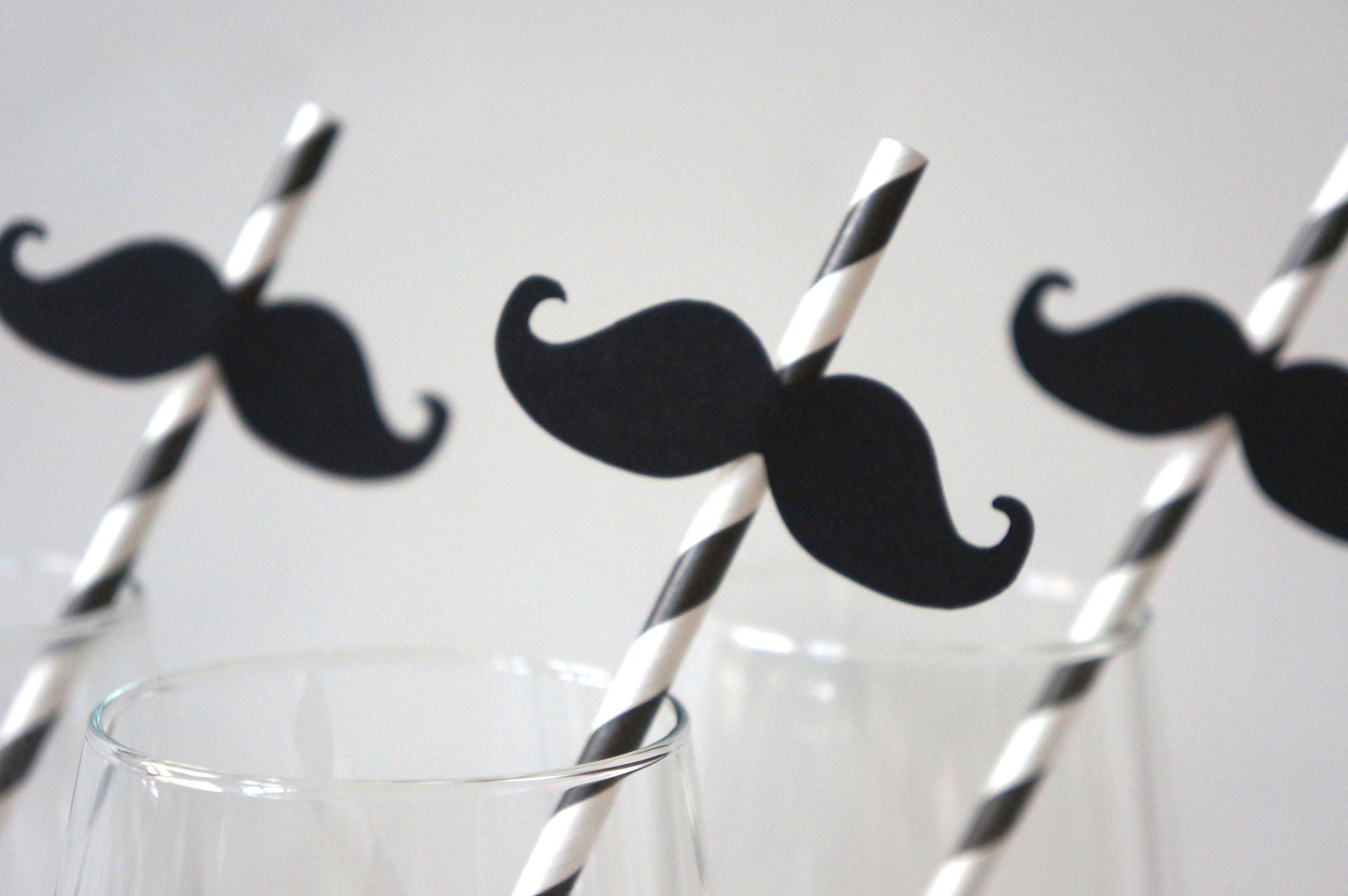 Mustache Straws - Set of 10 - Mustaches on BLACK Striped Paper Straws