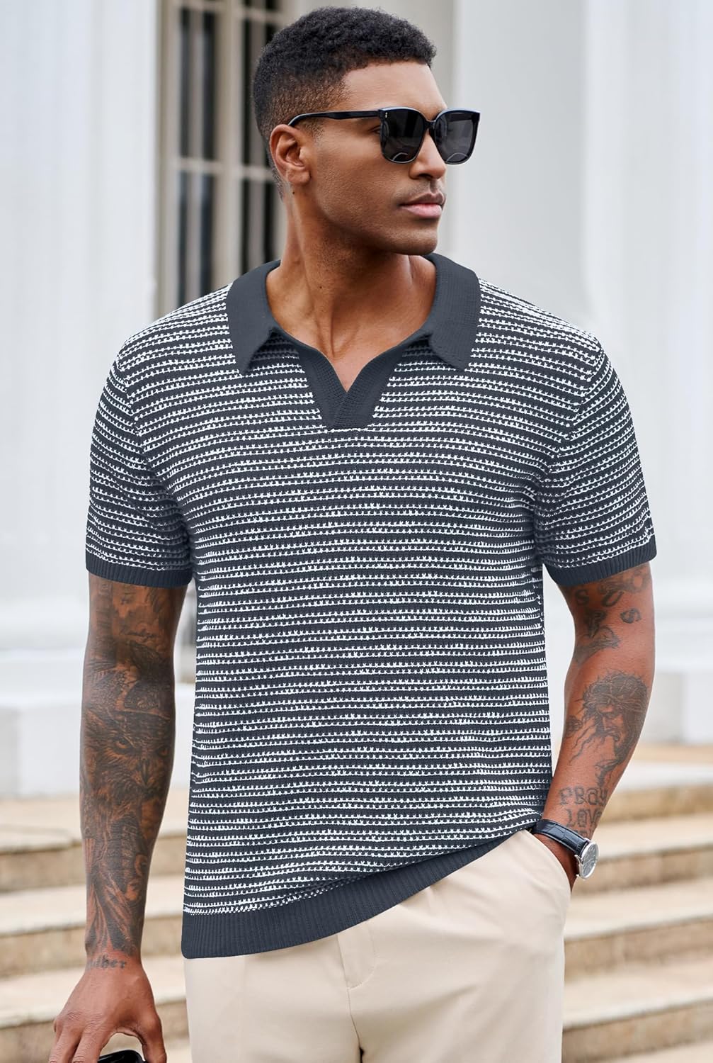 Men V Neck Polo Knit Striped Heavyweight Casual Poloshirts Summer Short Sleeve Shirt (S-XXL) - Image 7