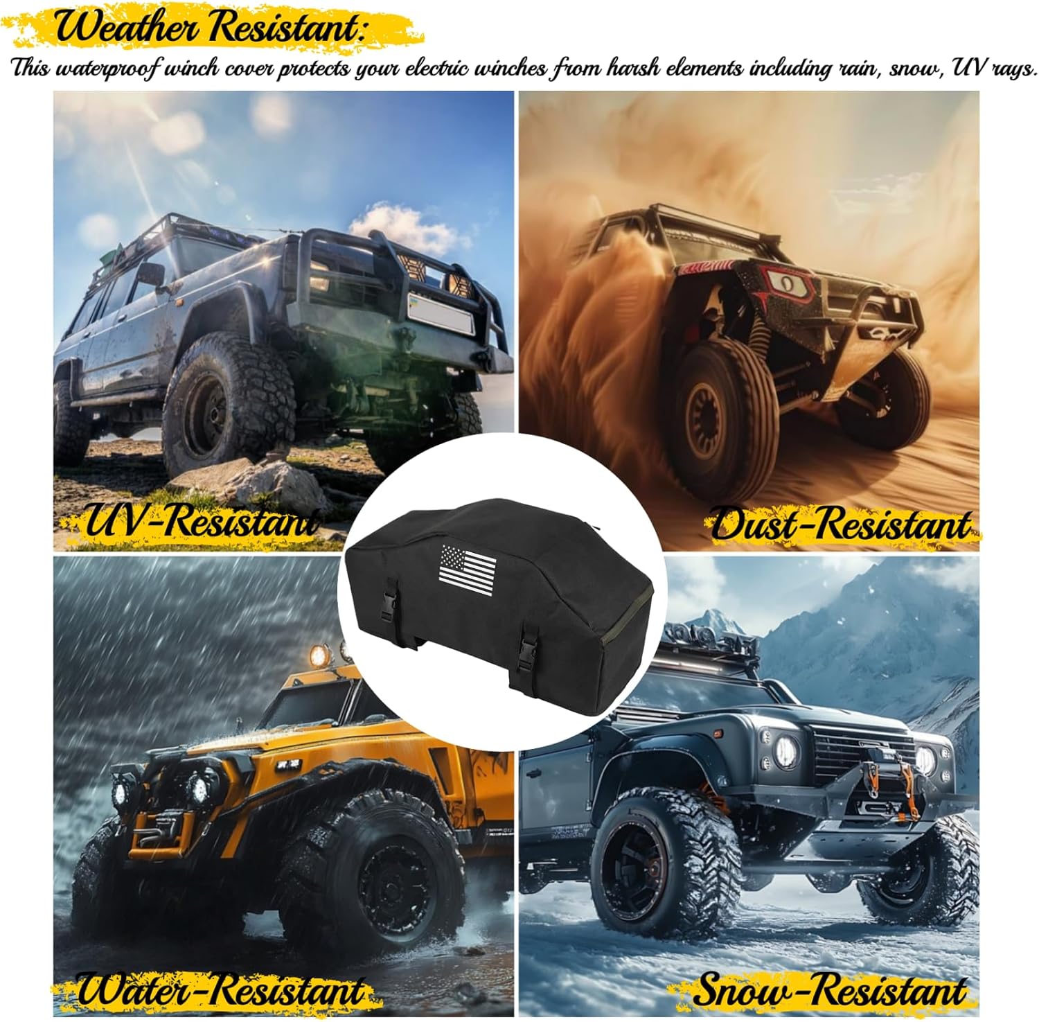 900D Winch Cover with Flag Pattern, Heavy Duty Winch Waterproof UV Resistant Cover, Indoor/Outdoor Winch Accessories for Electric Winches 8000-13500lbs With Adjustable Band (Black)