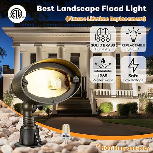 Miniatura 2 de Gardenreet Luz de inundación de latón macizo - Luz LED de paisaje de lavado de pared de bajo voltaje, para exteriores, 12 V, cableada, impermeable,