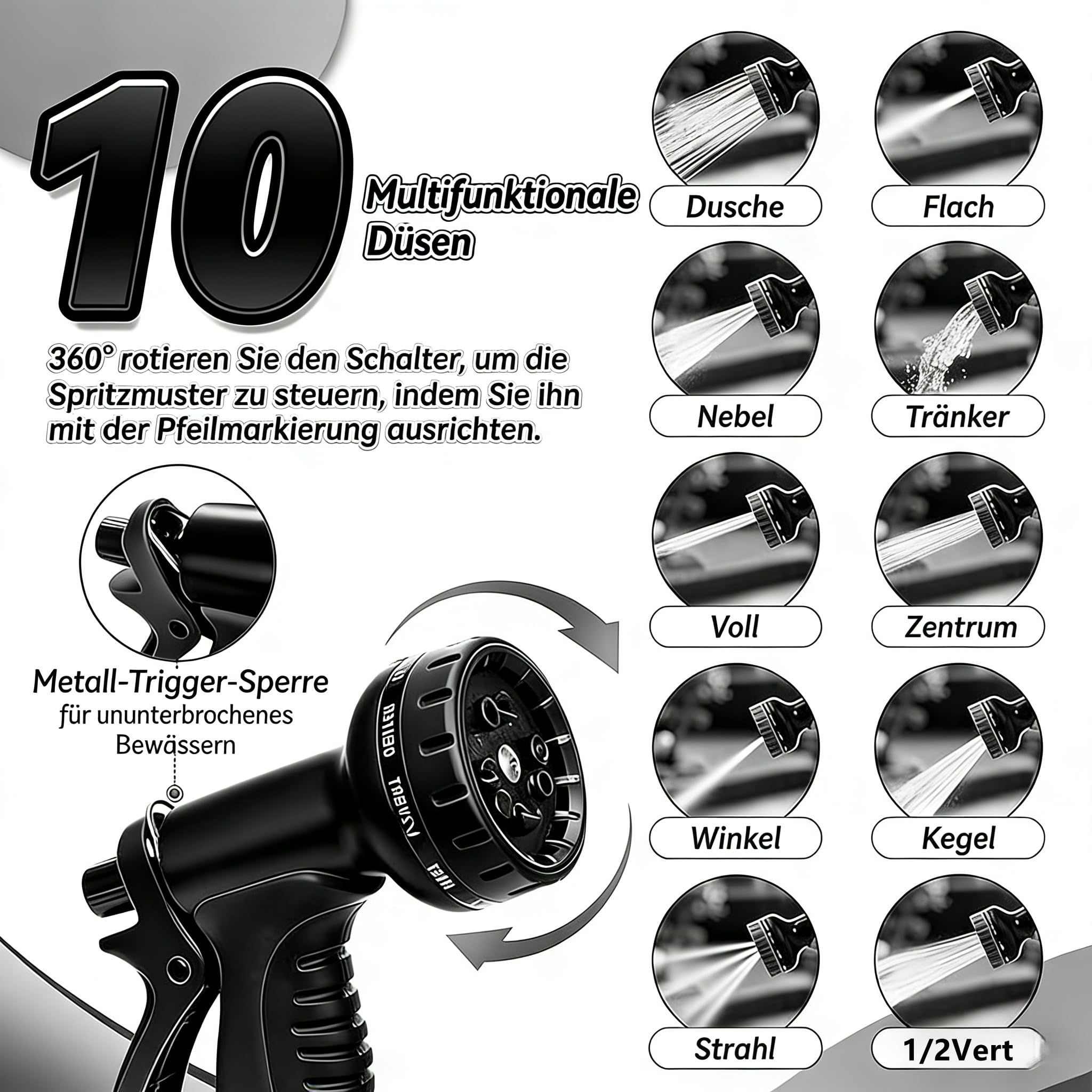 Latex-Expander-Gartenschlauch | Flexibler Wasser-Gartenschlauch mit 3/4" & 1/2" Metall-Anschlüssen | Knickfrei & Leicht | 10-Funktionen Spritzdüse für Gartenbewässerung, Autowäsche (150FT)
