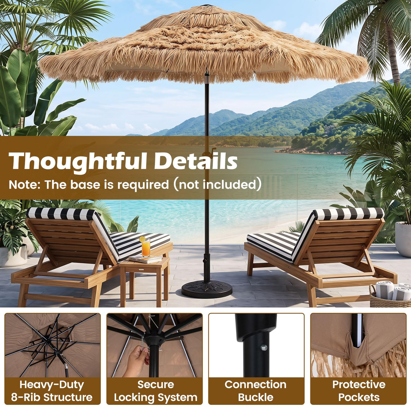 COSTWAY Sonnenschirm Hawaii mit LED-Beleuchtung, 300 cm Strohschirm kippbar | Gartenschirm mit 12 Beleuchtungsmodi & Kurbel, Strandschirm Stroh, Terrassenschirm für Garten, Balkon, Terrasse