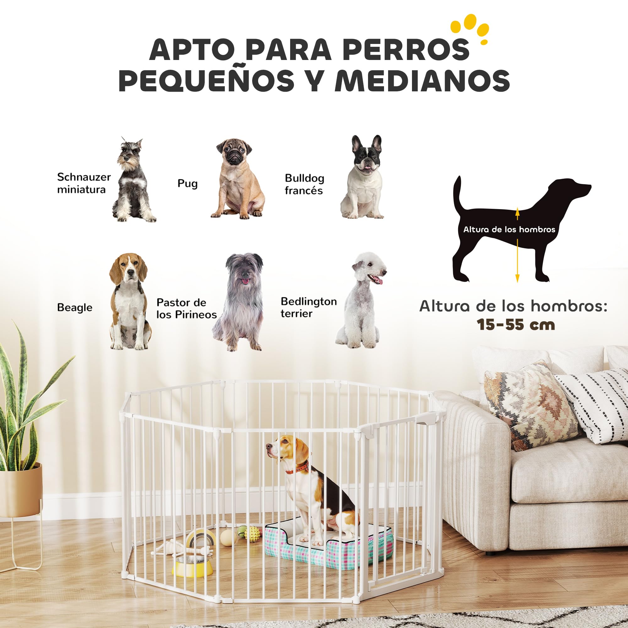 PawHut Barrera para Perros Plegable, 488x75 cm, Valla para Mascotas de 8 Paneles, Puerta con Cierre Doble, Barrera de Seguridad para Niños, Perros Pequeños y Medianos, para Escalera, Pasillo, Blanco