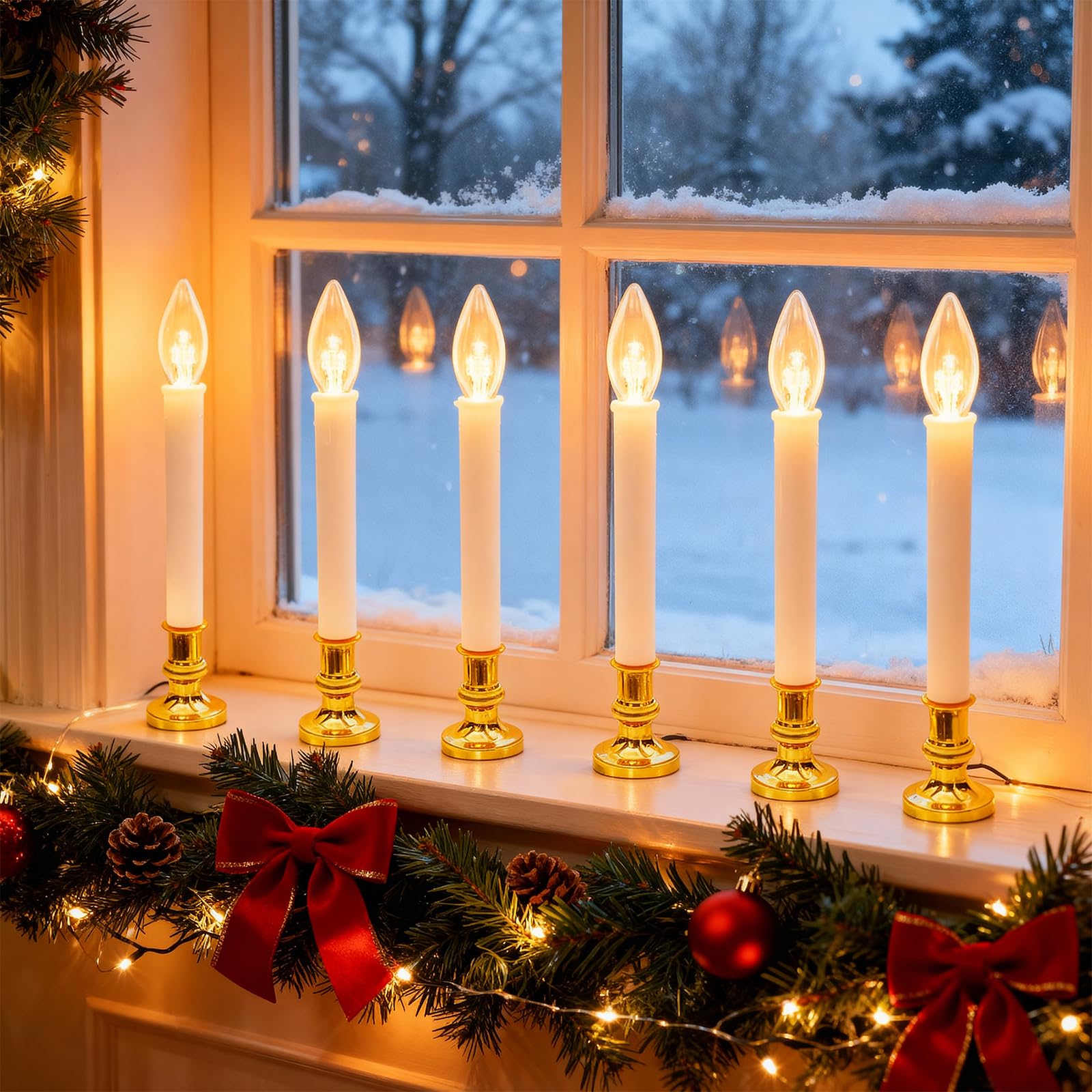 Batteriebetriebene Weihnachtsfensterkerzen mit Timer | Flammenlose LED-Kerzen für Fenster, Messingsockel, batteriebetriebene Fensterkerzen mit Saugnäpfen, 26,7 cm, 6 Stück