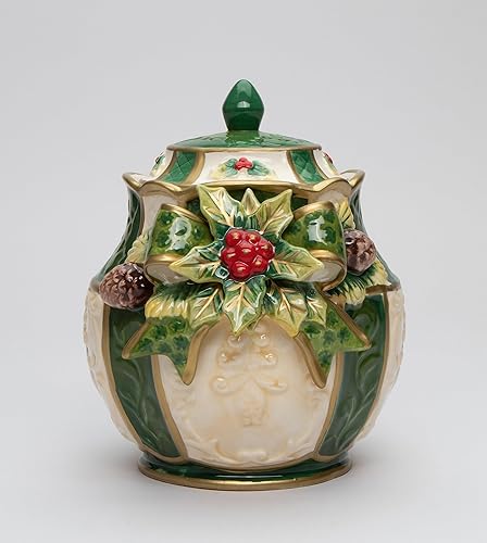 Miniatura 2 de 10313 Acebo de Navidad de cerámica fina verde esmeralda con bayas rojas con cono de pino, 6 pulgadas de alto
