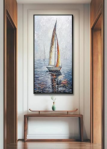 Miniatura 9 de V-inspire Arte, 24 x 48 pulgadas, moderno marco abstracto pintado a mano, pinturas al óleo, barco de vela en el mar, lienzo acrílico, pintura para