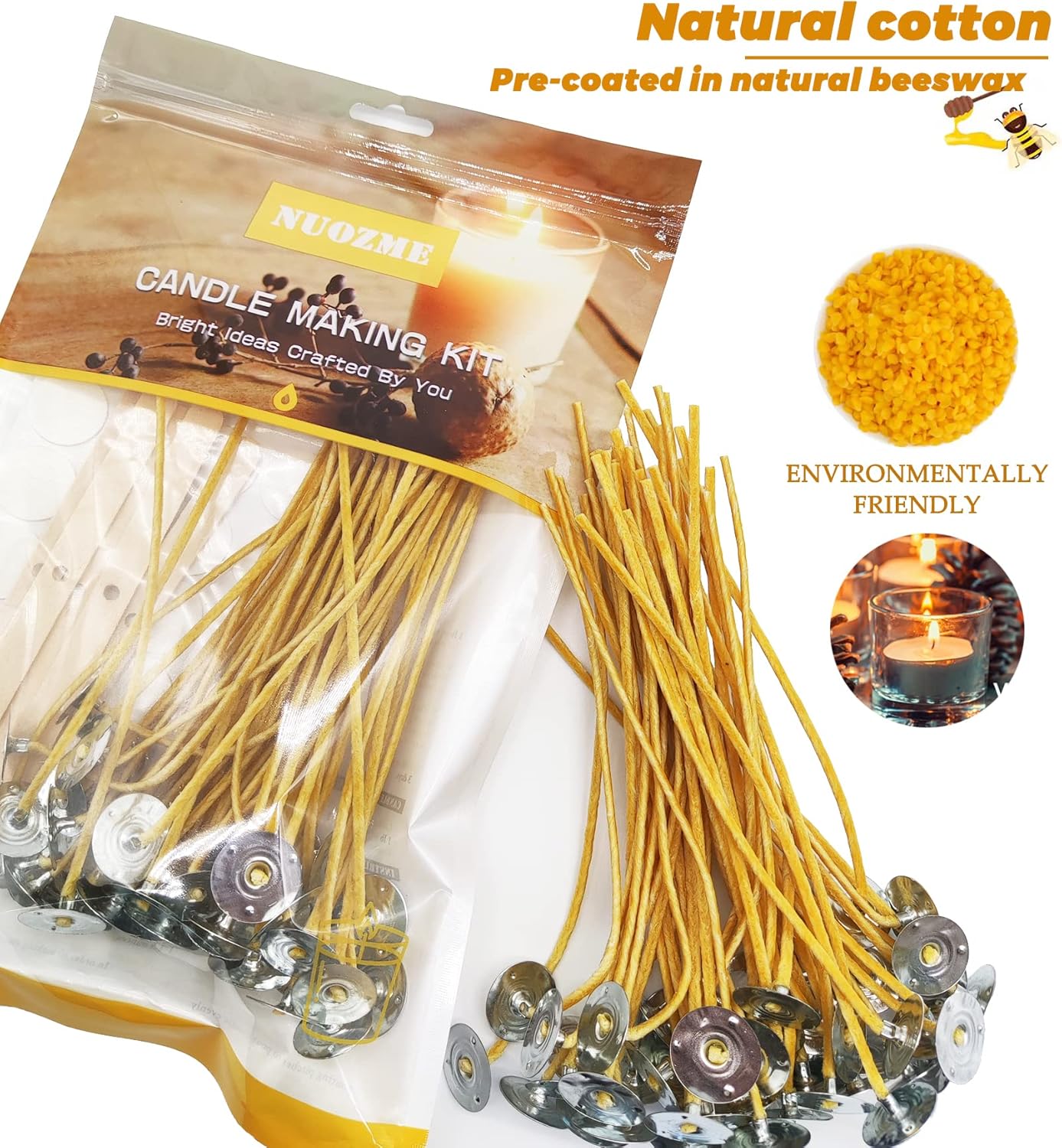 Nuozme 50 Piece 6" Cotton Candle Wicks,Pre-Waxed by 100% Beeswax & Tabbed with 60Pcs Candle Wick Stickers and 5 Pcs Wooden Candle Wick Centering Device, for Candle Making，Candle DIY