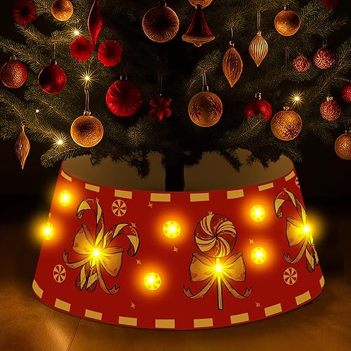 Christmas Candy Cane Tree Collar with LED Light Red Tree Skirt Blue Ring Base Co