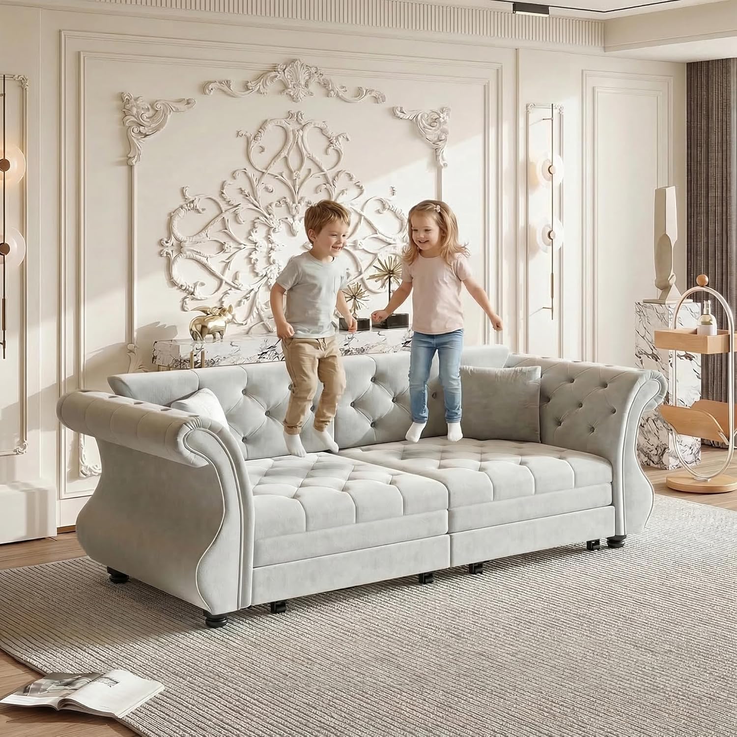 83.8" Queen Size Sleeper sofa bed, 3-in-1 Convertible Oversized Chesterfield Pull Out Couch, Roll Arm Velvet Couch with Flower Tufting, Upholstery for Living Room/Bedroom/Apartment, Light Grey