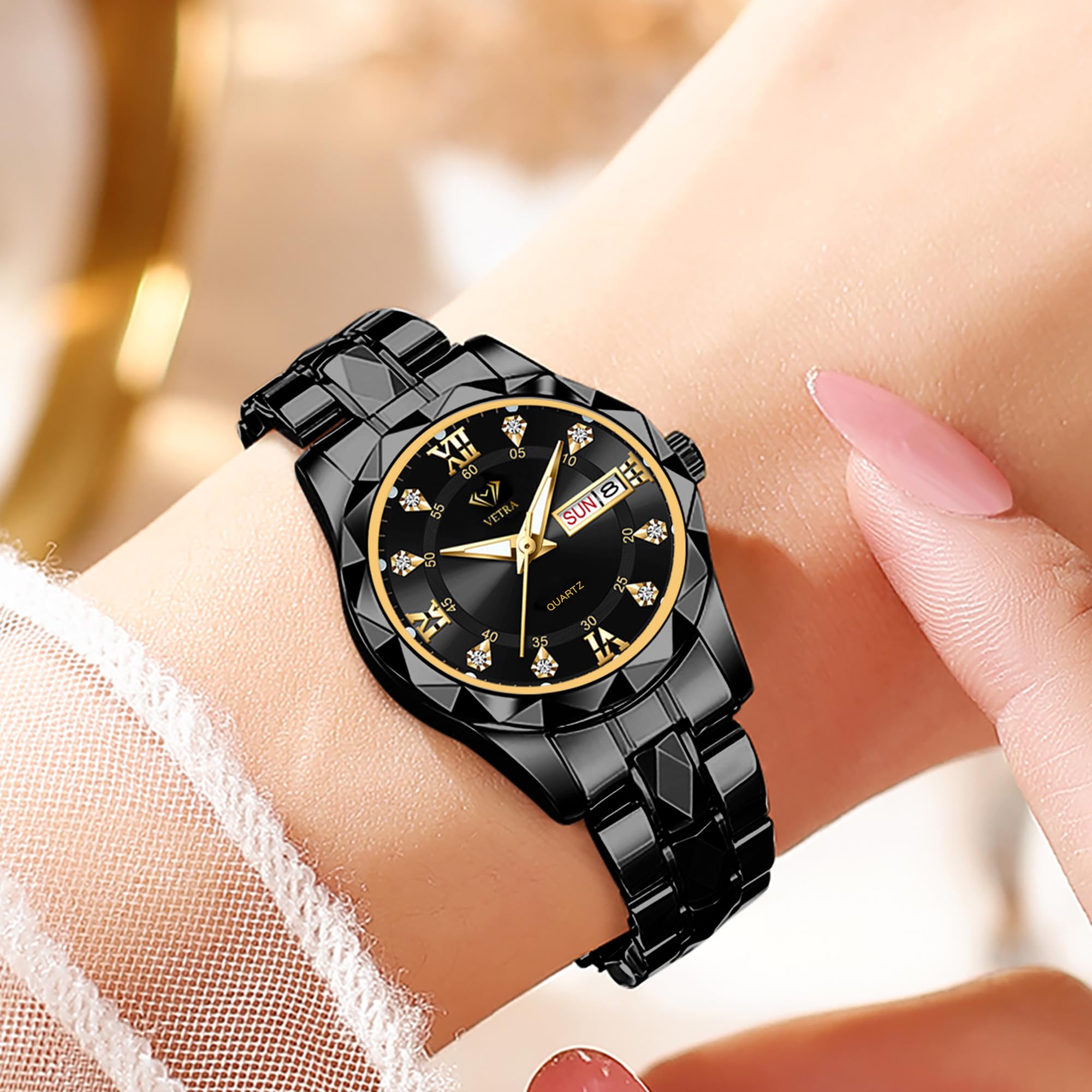 Vetra Juego de 2 relojes de pulsera para él y para ella, regalos para amantes, Correa negra y esfera negra | Romántico de San Valentín, lujo, diamante, acero inoxidable, fecha de día, luminoso, resistente al agua