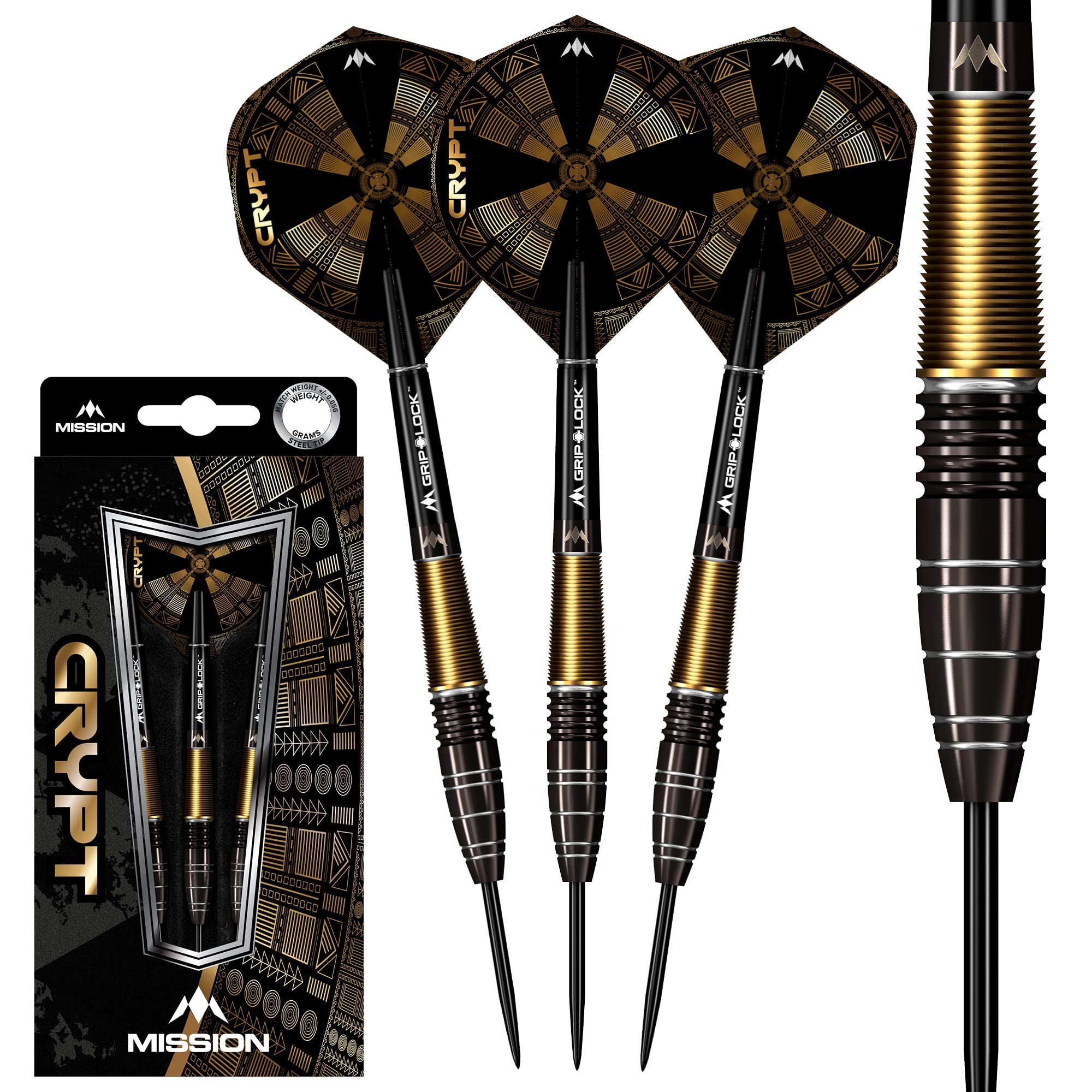 Mission Darts D1595 Crypt | Zestaw rzutek z wysokiej jakości 90% wolframu, czarny i złoty, powlekana PVD beczka i stalowa końcówka, M1, 24 g