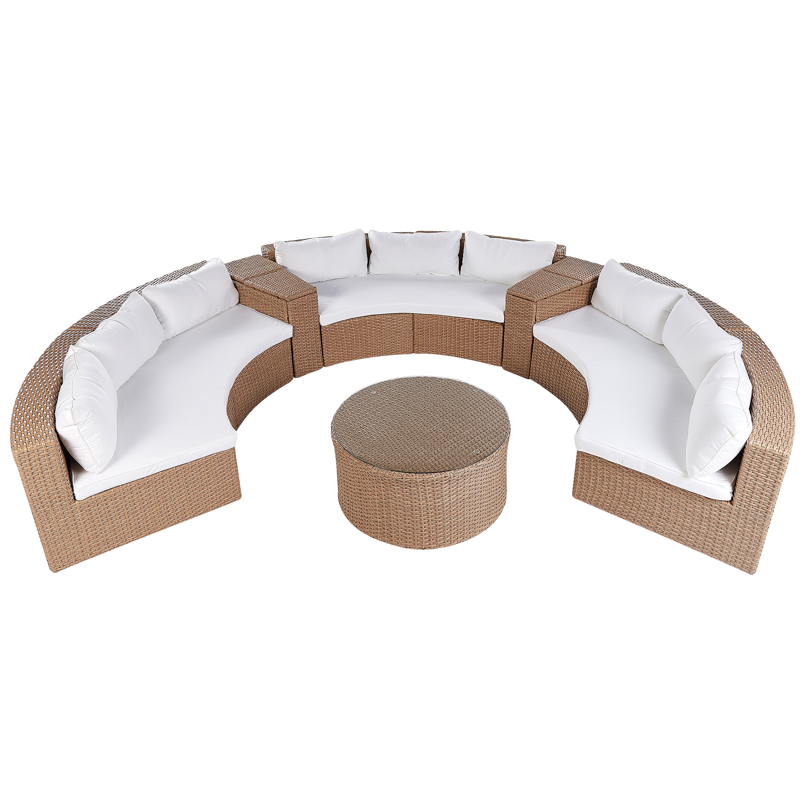 Beliani 9-Sitzer Lounge Set Rattan Sand beige rund mit Auflagen weiß Couchtisch Severo
