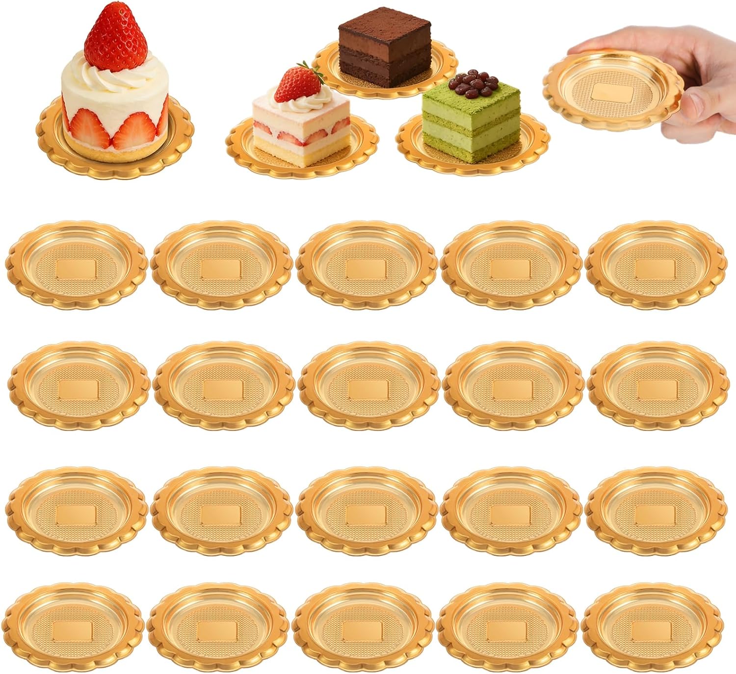 20 Pcs Mini Dessert Plates 2.5 inch Gold Cake Boards Round Plastic Cupcake Trays for Flan, Mousse Cake Pastry Display, Serving Dishes for DIY Baking, Wedding, Graduation Party