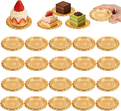 20 Pcs Mini Dessert Plates 2.5 inch Gold Cake Boards Round Plastic Cupcake Trays for Flan, Mousse Cake Pastry Display, Serving Dishes for DIY Baking, Wedding, Graduation Party