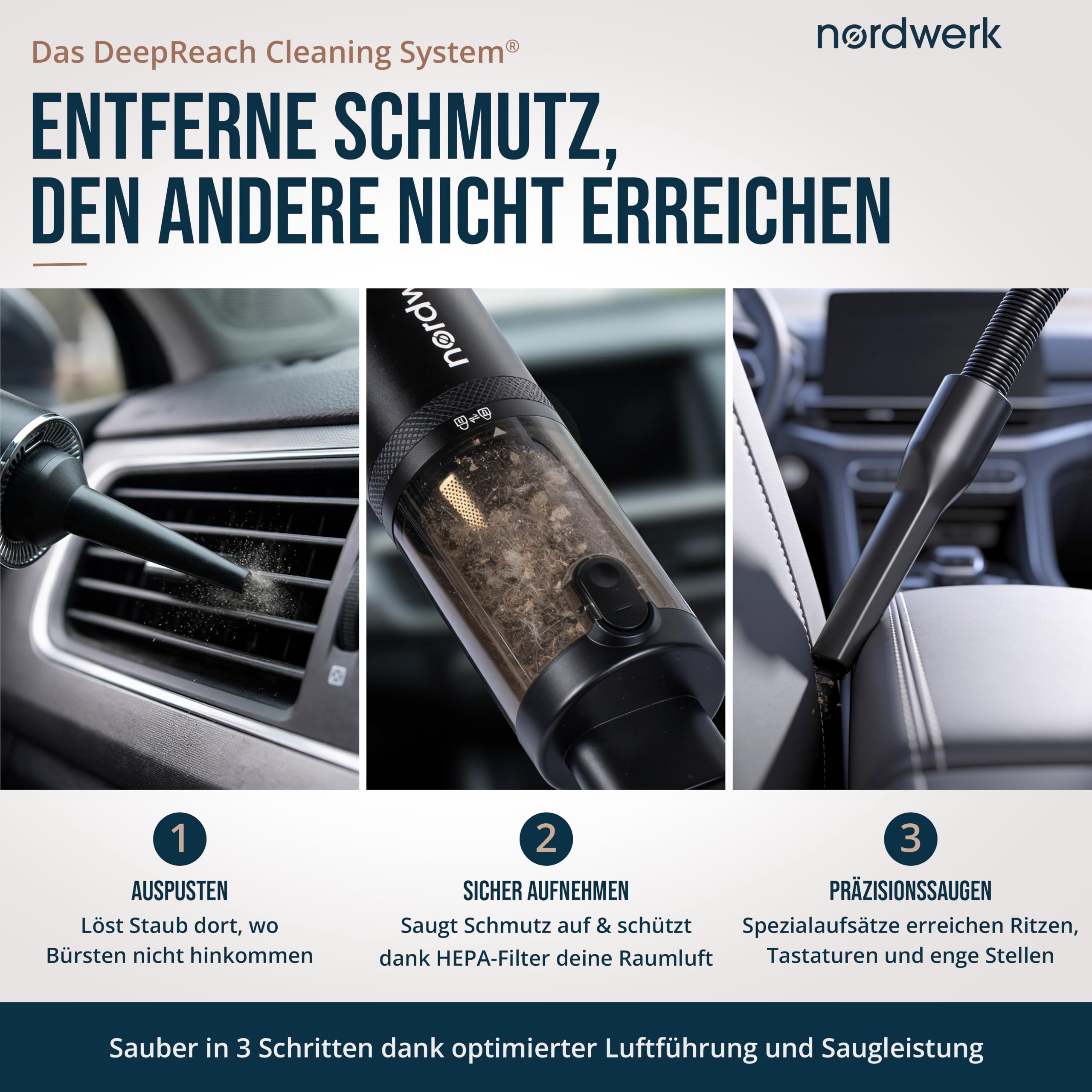 Akku Handstaubsauger Nordwind NEO für Auto & Haushalt, kabellos | starker Mini Staubsauger mit DeepReach Cleaning System®, Bürste für Tierhaare, HEPA-Filter, LED-Licht & Extra-Zubehör