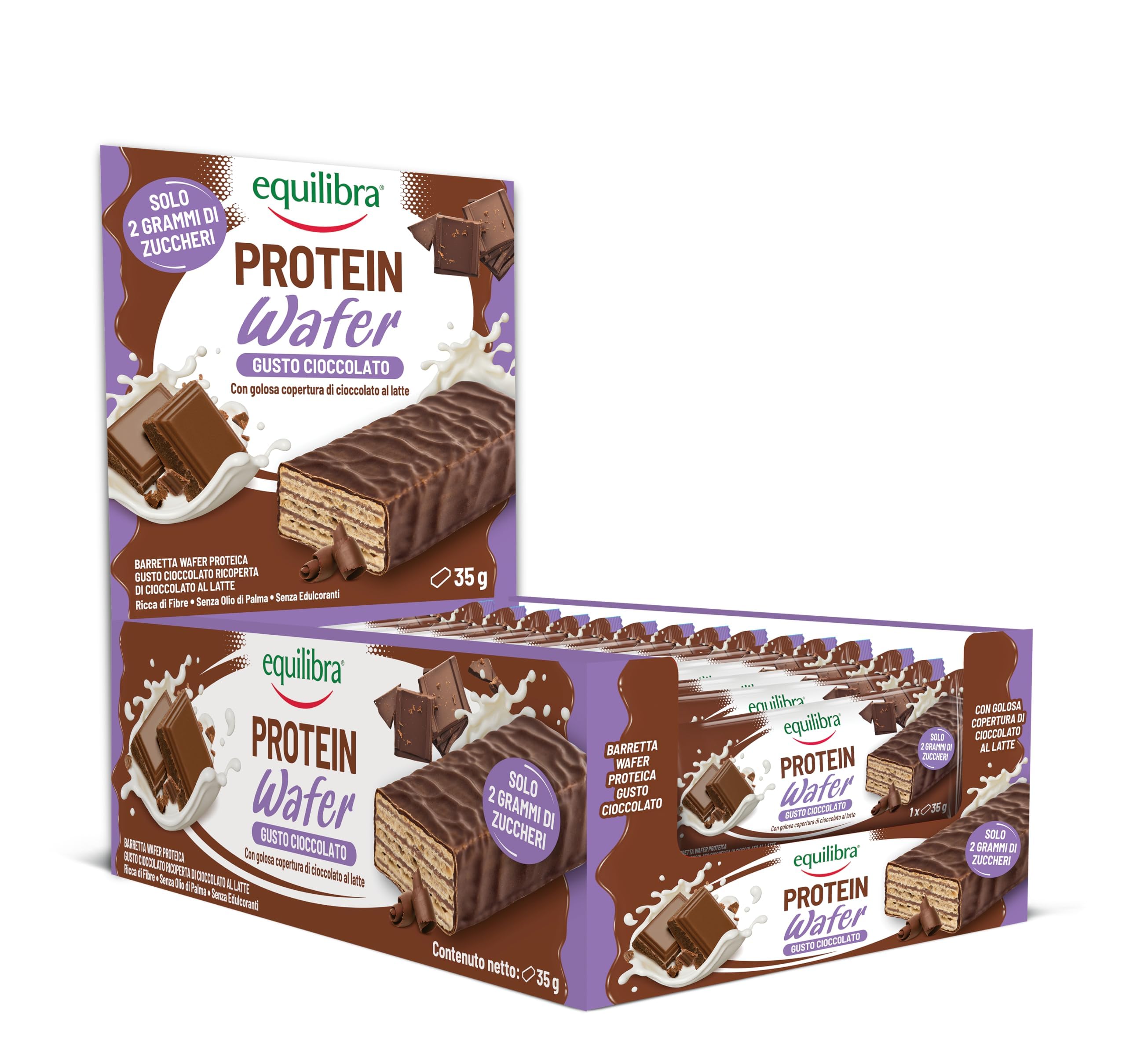 Equilibra Alimenti Proteici, Barrette Proteiche Wafer, Protein Wafer, 25 x 35 g, Gusto Cioccolato, Ricoperte di Cioccolato al Latte, Ricche di Fibre, Senza Edulcoranti, 2g Zuccheri per Barretta