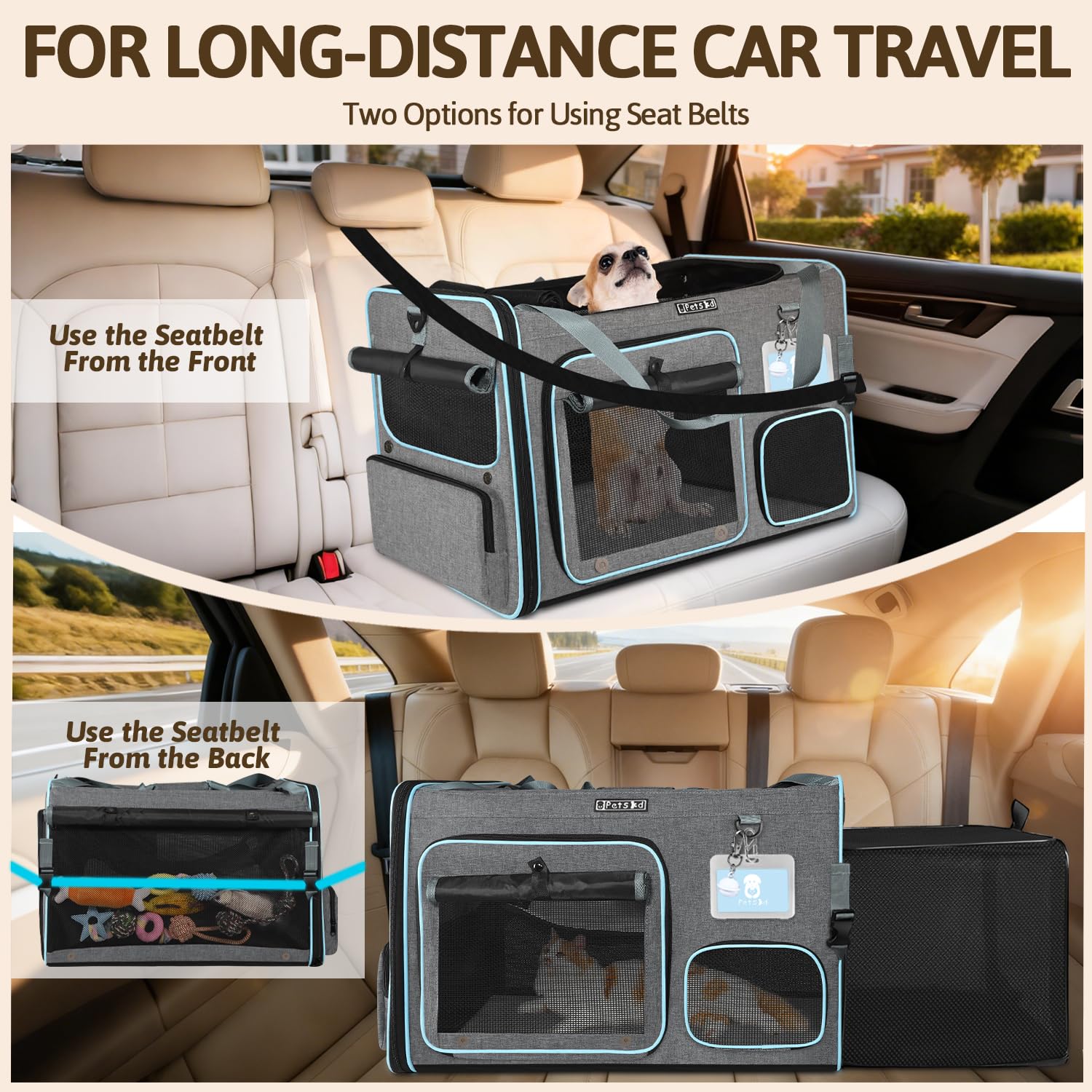 Petskd Side Expandable Extra Large Cat Car Carrier with Collapsible Litter Box for Long Distance Travel,24"x17"x17" Portable Soft Sided Pet Carrier with Roller Shades for 2 Cats Up to 55LBS(Grey) - image 3