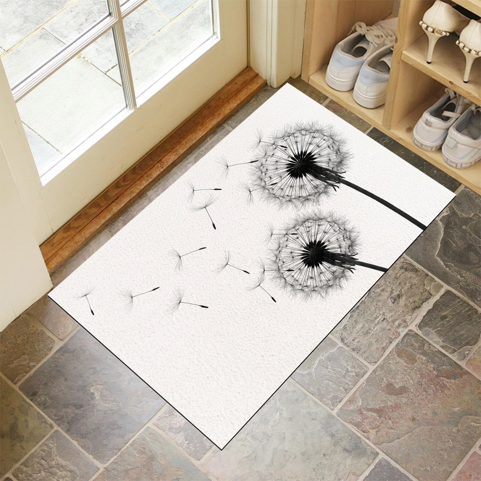 Felpudo Ultrafino Para Interiores, 80X120Cm, Silueta Sencilla De Diente De León Alfombra Antideslizante Lavable Para Entrada, Plantas Pintadas A Mano Felpudo De Perfil Bajo, Atrapa Suciedad, Blanco