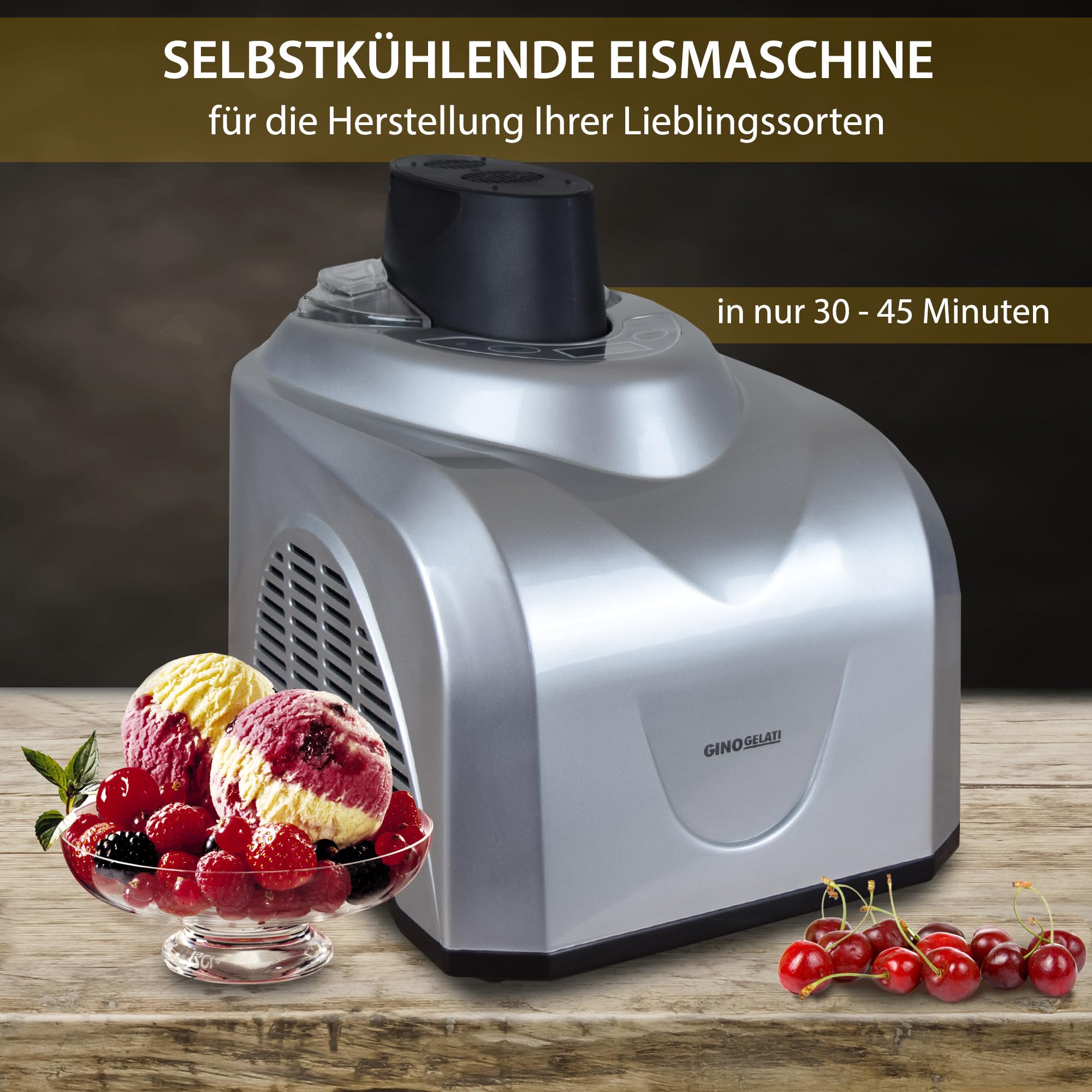 Gino Gelati Eismaschine mit Kompressor Zentoria Eiscreme Maschine Eisbereiter, 1 Liter Kapazität. 180 Watt, Edelstahl, Silbernes Design, leichte Reinigung