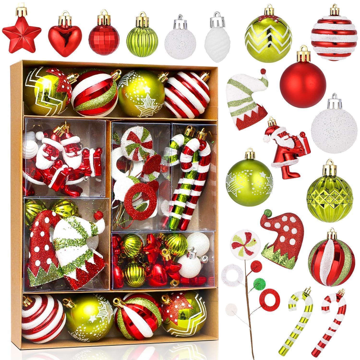 Bolas de Navidad 50 Piezas Aarbol de Navidad Decoración navideña de plástico Bolas de Navidad Bolas de Navidad de plástico Juego de colgantes de elfo Decoración para árbol de Navidad Rojo Verde Blanco