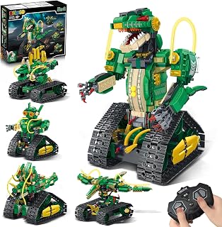 RC Dinosaur Building Toy with Light, 5 in 1 Remote Controll Building Block Kit, 877 PCS Tech Rechargeable Dinosaur Robot Toys Birthday for Kids Boys Girls Age 8 9 10 11 12+