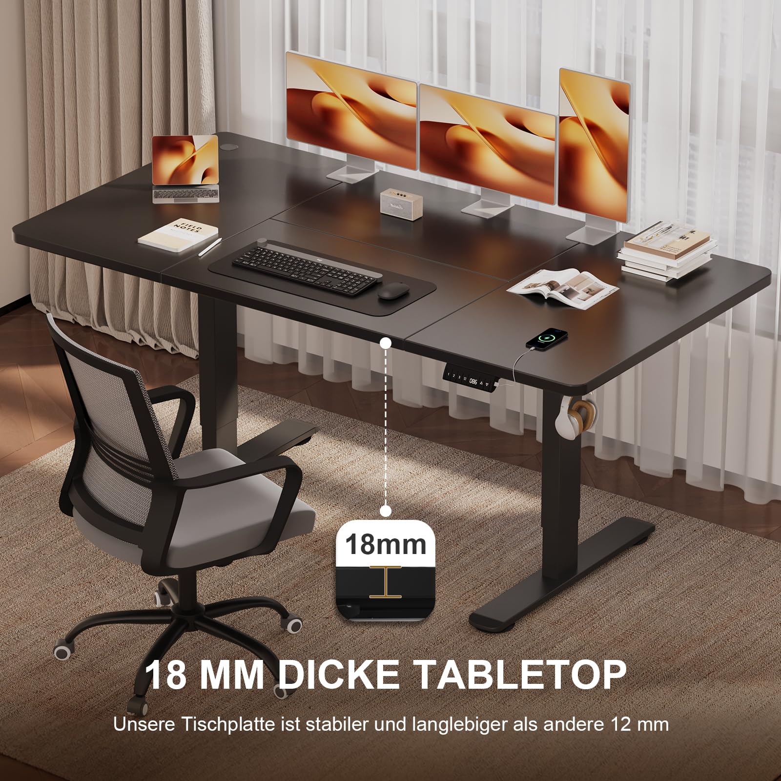 JUMMICO Höhenverstellbarer Schreibtisch 160 x 80 cm mit Kabelwanne, Höhenverstellbar Elektrisch Stehpult mit USB-Buchse, Computertisch, Ergonomischer Steh-Sitz Tisch, Bürotisch, Schwarz