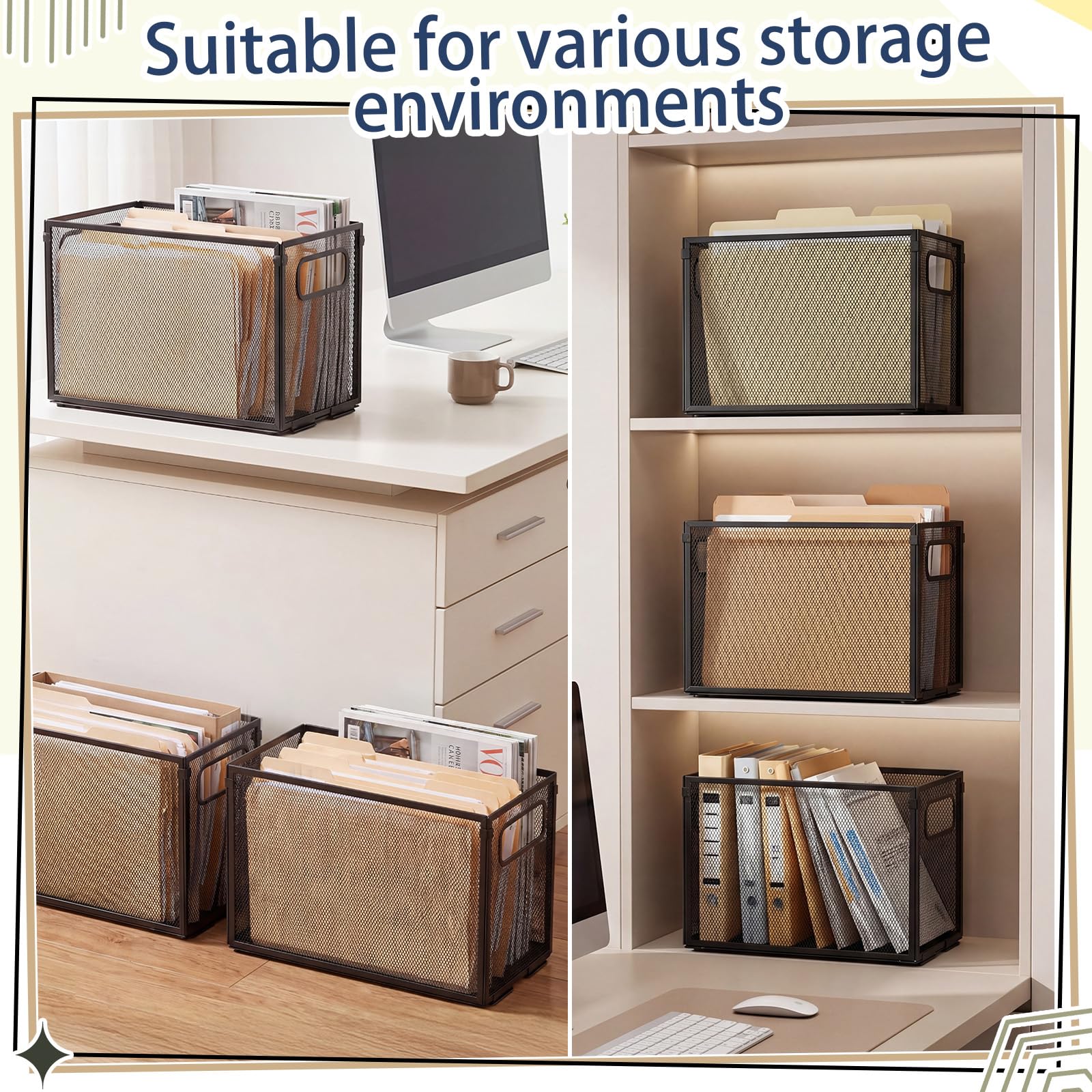 Zhengmy 3 organizadores de archivos colgantes tamaño carta, caja de archivo de malla de metal, carpeta de escritorio, armarios de almacenamiento de cartas, soporte de revistas con asas para oficina