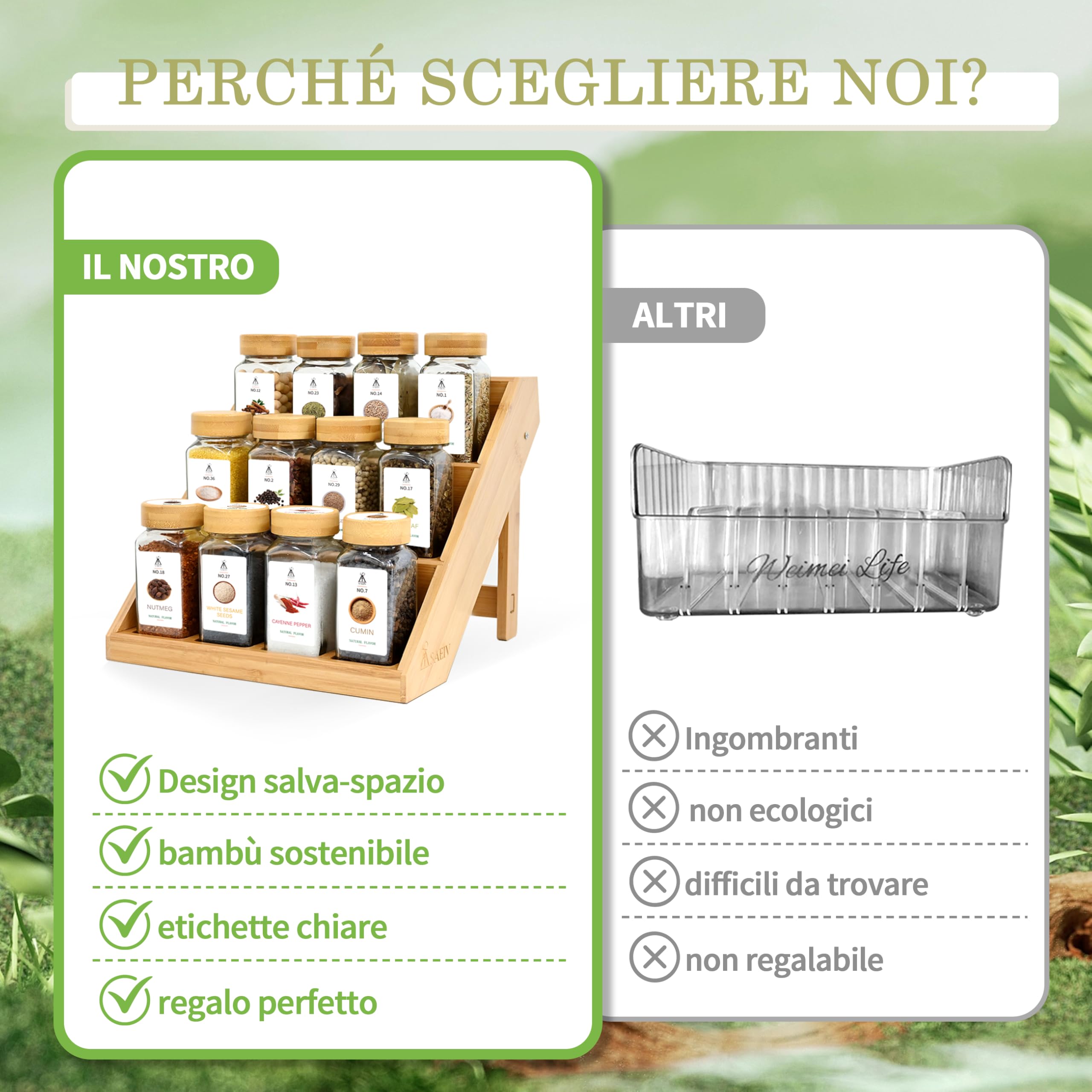 SAEIV Portaspezie 12 Barattoli Vetro Bambù a 3 Livelli, Porta Spezie per Cucina Salva Spazio, Porta Spezie per Piano e Cassetto, Portaspezie Salvaspazio con Tutti gli Accessori