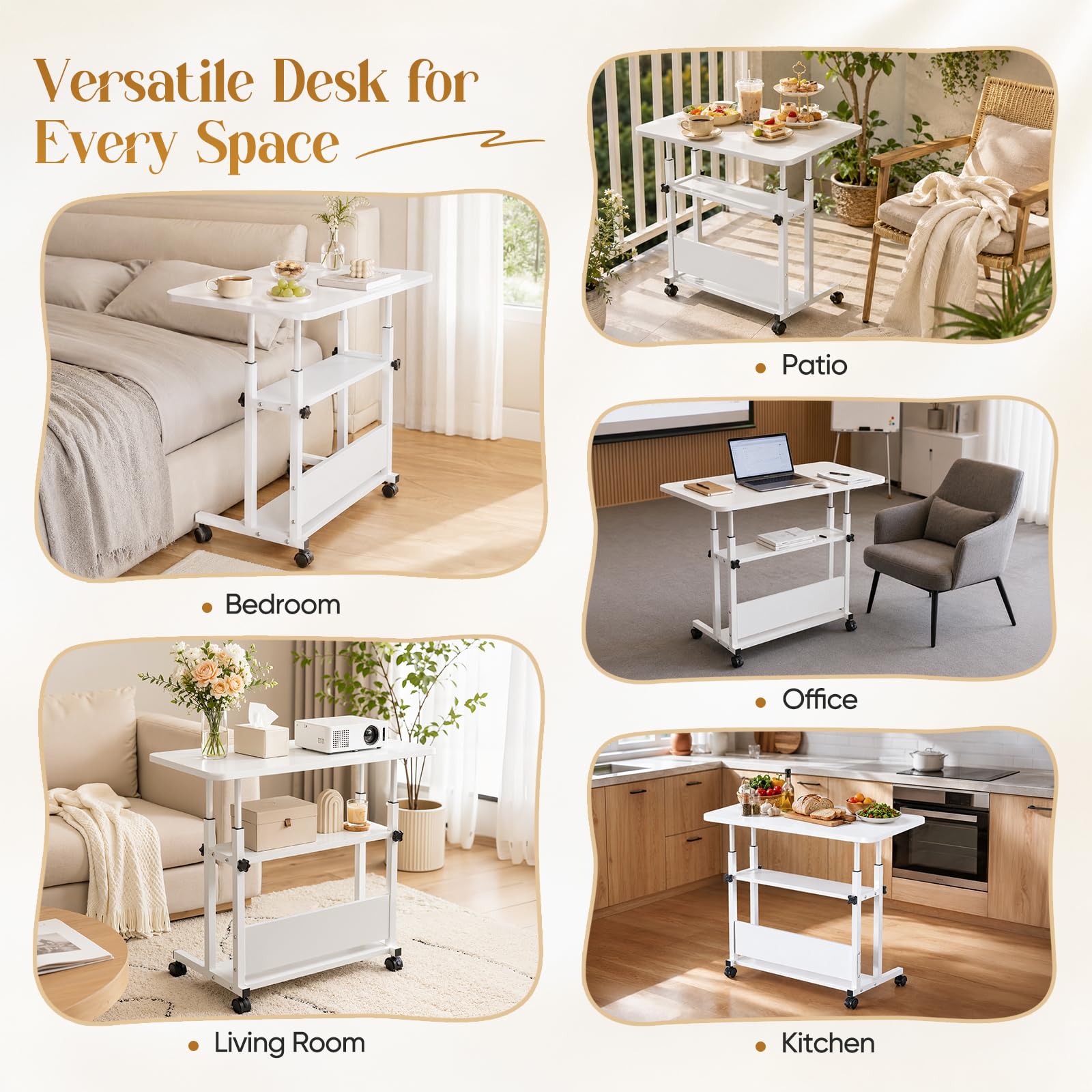 Table à roulettes réglable en hauteur à 3 niveaux, bureau d'ordinateur mobile avec roues verrouillables, cadre en acier en forme de H, réglable de 60 à 85 cm, plateau de table de 80 x 50 cm