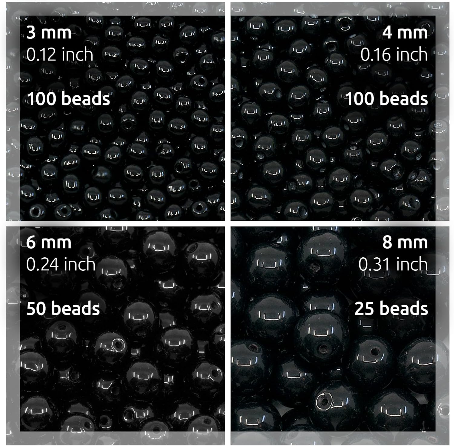 275 pcs Set of Czech Round Glass Beads, Jet Black - 3mm (100pcs), 4mm (100pcs), 6mm (50pcs), 8mm (25pcs) kit for Jewelry Making image 4