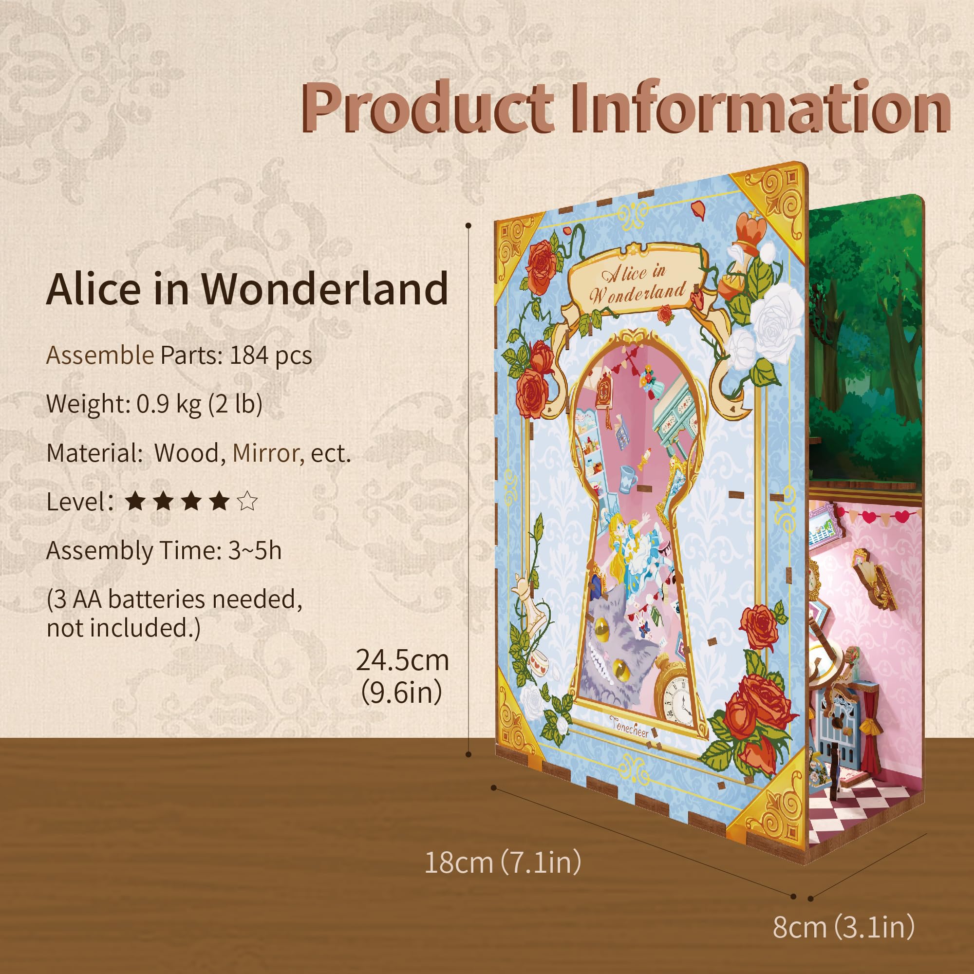 Tonecheer DIY Book Nook Kit 3D Puzzle en Bois Adultes Bricolage Livre Nook Miniatures à Construire (Alice au Pays des Merveilles)