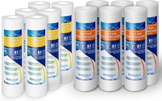Sediment Water Filter Cartridge 6 Pack, 10 Micron & 6 Pack Grooved 5 Micron Sediment Water Filter Cartridges 10"x2.5", Four Layers of Filtration Removes Sand, Dirt, Silt, Rust, made from Polypropylene