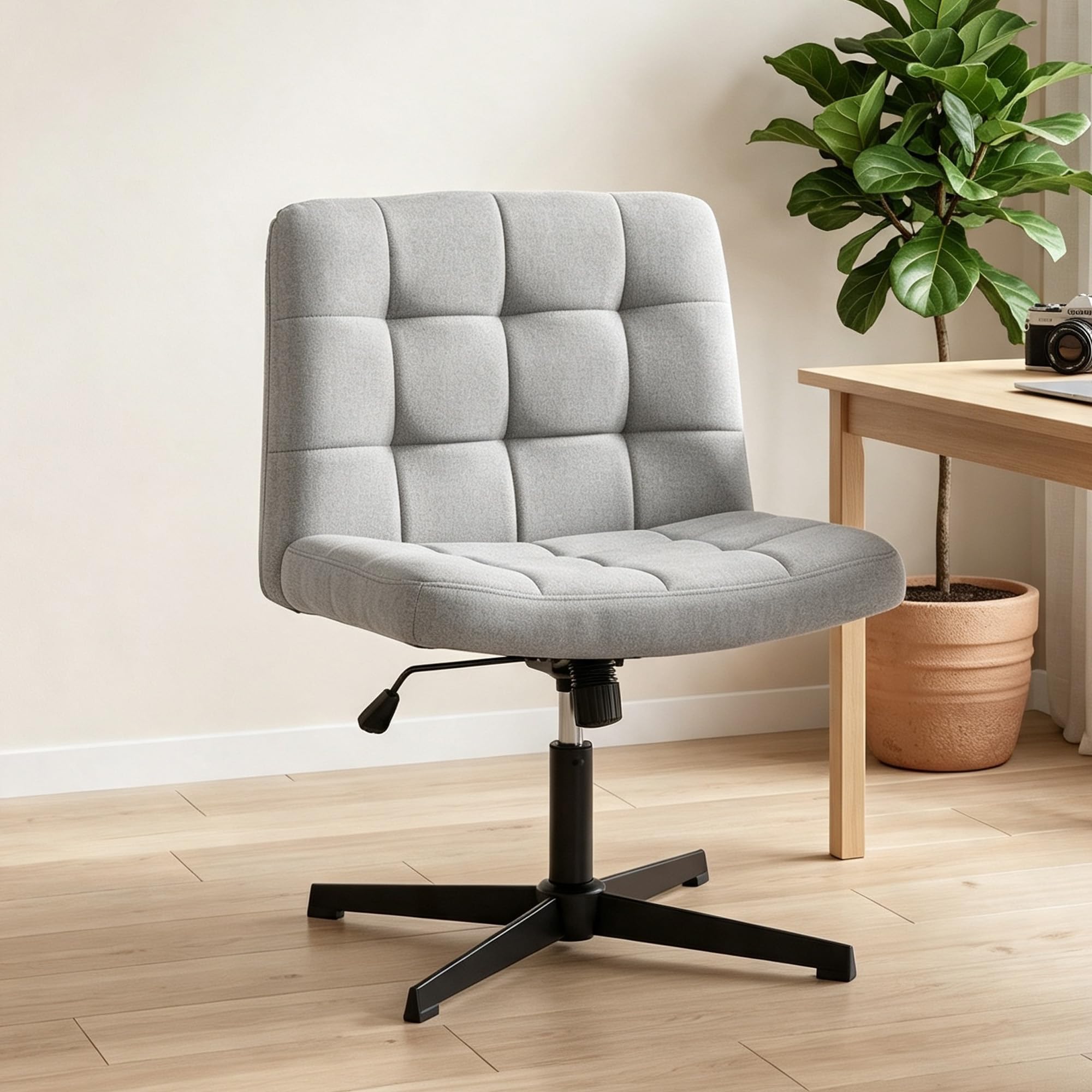 HOMCOM Armless Office Chair Linen Computer Desk Grey | Cross Legged, Vanity Chair, Wide Seat, Rocking Function, Swivel, Adjustable Height, Home Office, Study, Bedroom, Makeup